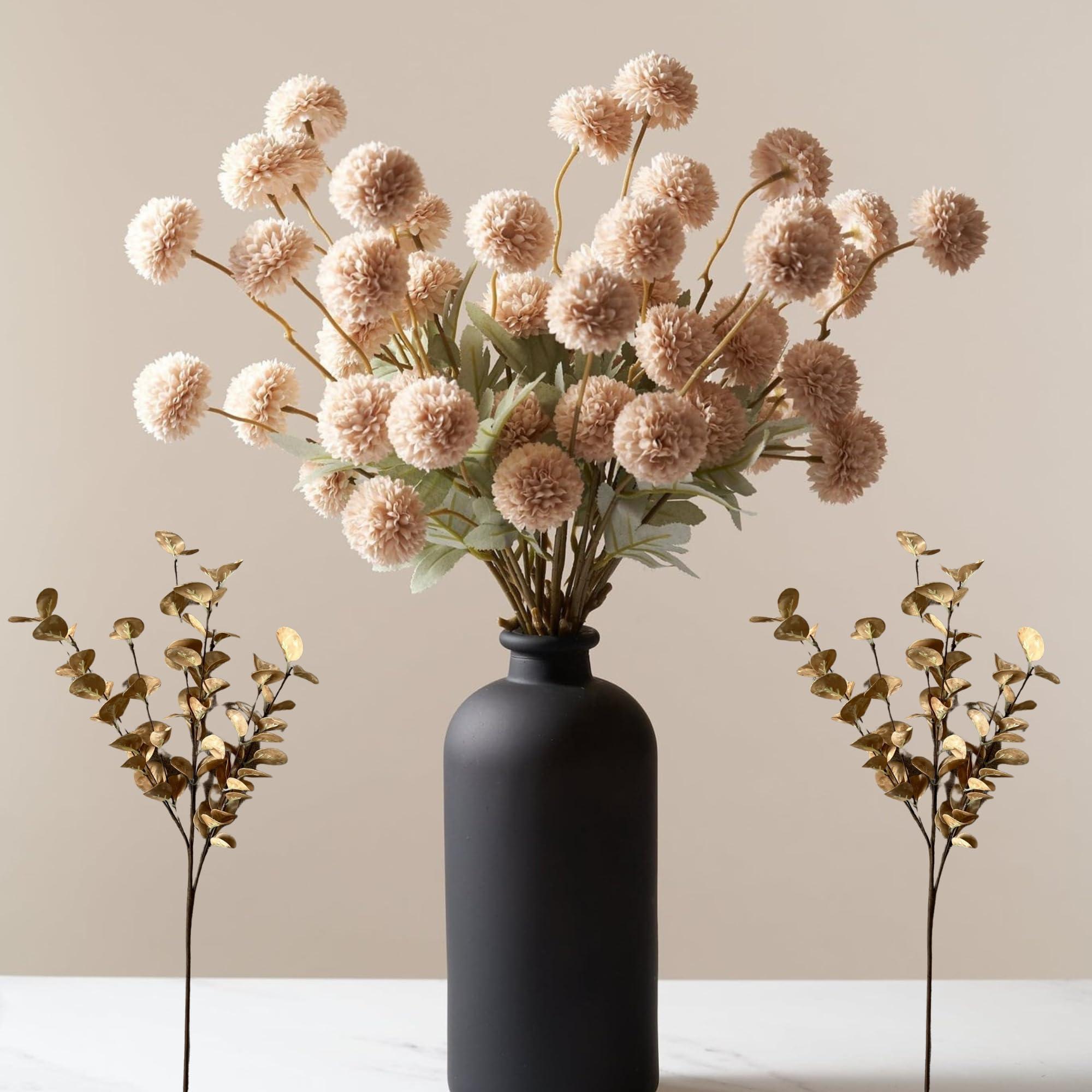 Artificial Flowers Beige 10 Stems + Eucalyptus, Faux Flowers For Vase, Fake Mums Silk Long Stem, Tan Nude Cream Neutral Floral, Chrysanthemum Pom Pom Floral Arrangements, Mini Faux Kiku Flower bulk