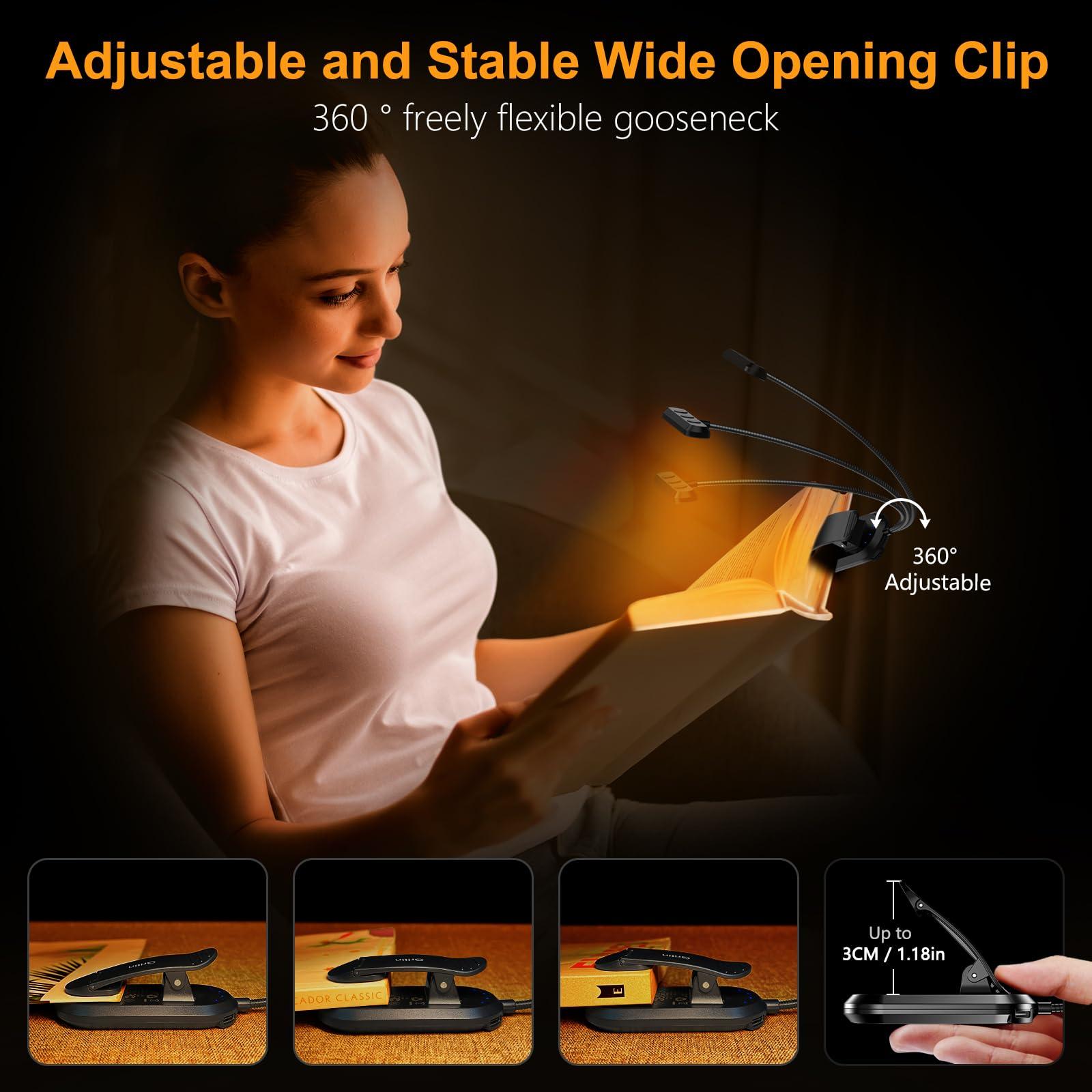 Gritin Rechargeable Book Light for Reading in Bed with 19 LED &Memory Function-Eye Caring 3 Color Temperatures, 5 Brightness Levels, 80 Hrs Runtime Flexible Goose Neck Clip on Light for Book Lovers - Image 5