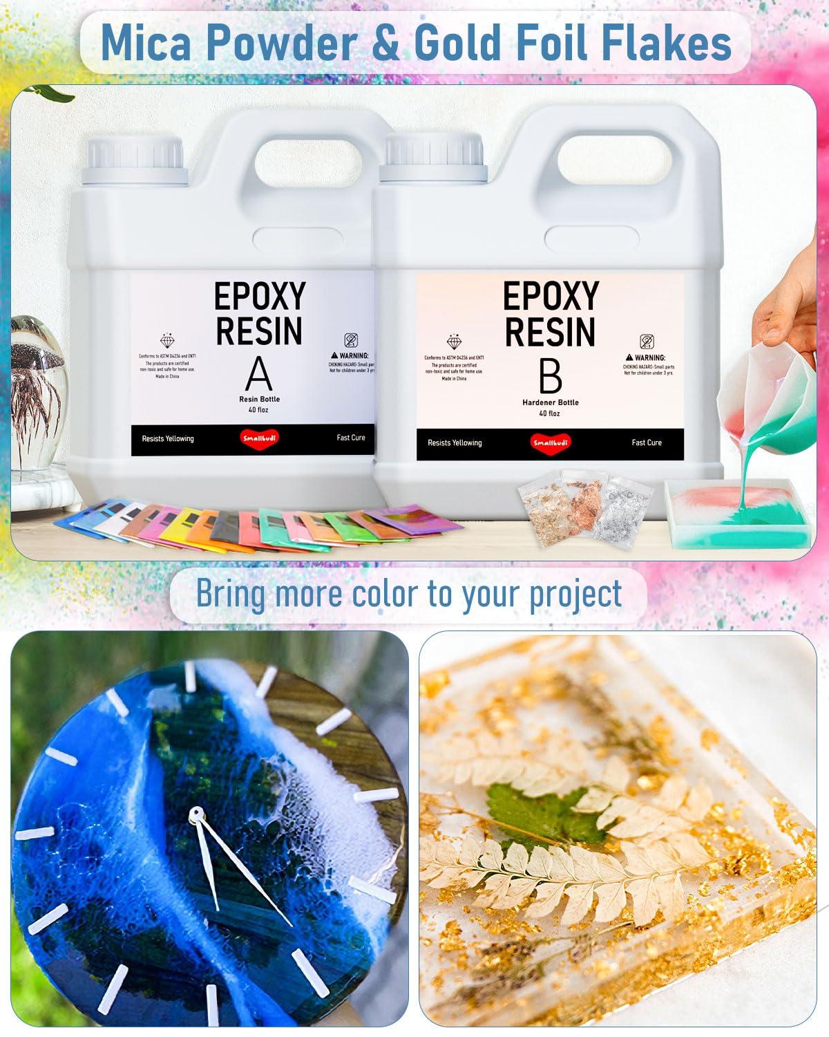 Smallbudi 80 Oz Epoxy Resin Kit with 16 Colors Mica Powder, Gold Foil, Cups & Stick, Crystal Clear Resin Beginner Supplies for Coating Casting Table, Molds, Jewelry Making, DIY Art Craft, 1:1 Ratio - Image 4