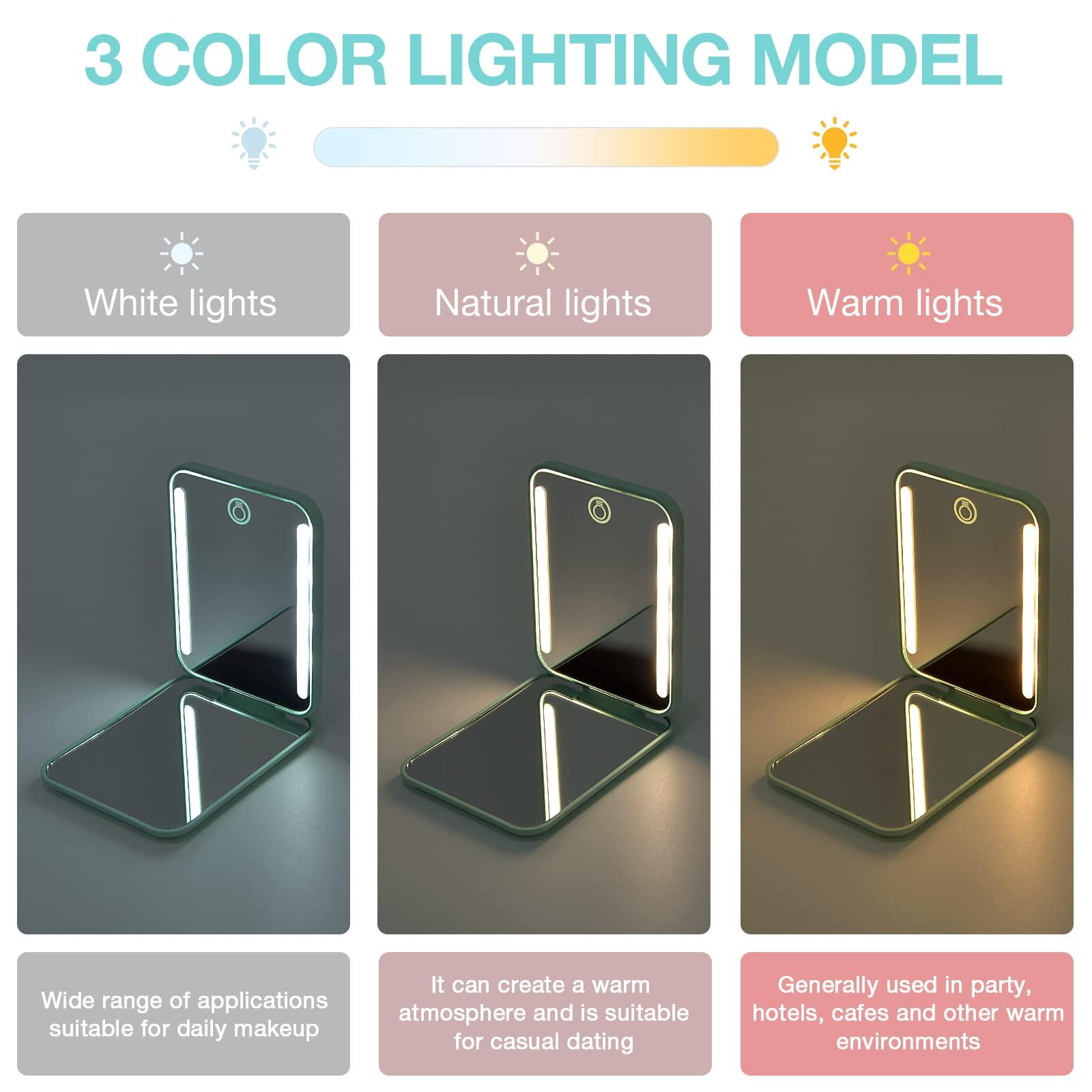 Kintion Rechargeable Pocket Mirror, Double Sided 1X/3X Magnification Compact Vanity Mirror, 3 Color Lights, Dimmable, Small Portable Wallet Mirror, Lighted Travel Mirror for Women Gifts, Cyan - Image 5
