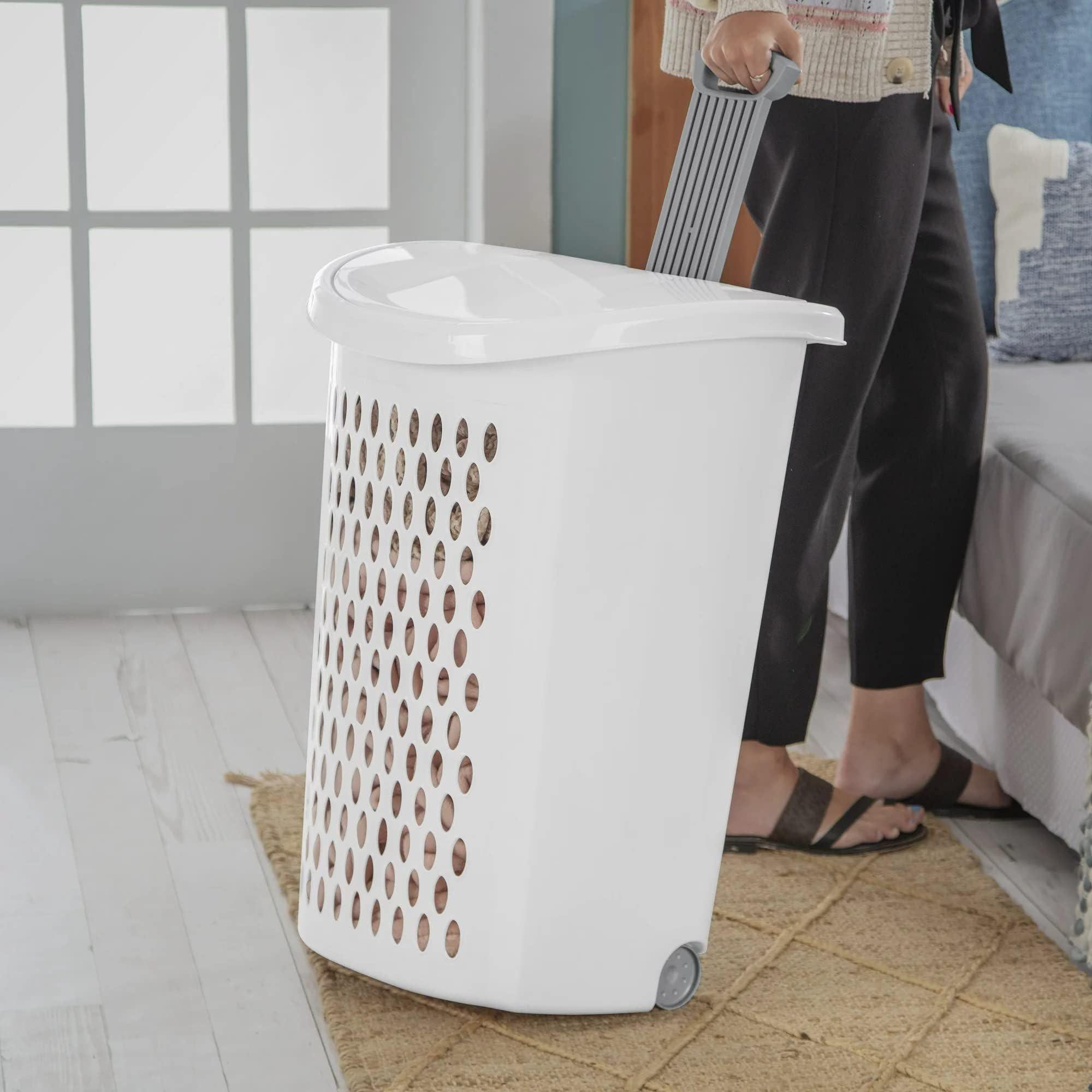 SeaQily Ultra Wheeled Design Clothes Laundry Basket, Mind Reader Basket Collection，135 Liter （20 1/8" x 15 3/8" x 26 3/4"）Capacity, Laundry Hamper White Lid & Base w/Plastic Handle & Wheels,1-Pack - Image 2