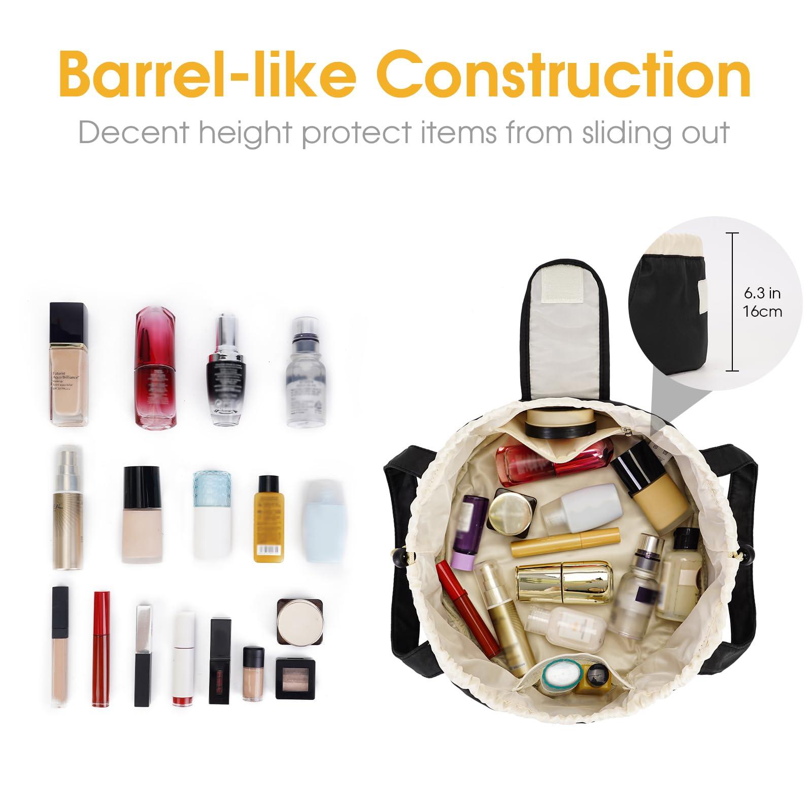 Narwey Barrel Drawstring Makeup Bag Large Cosmetic Bag Make up Bags Women and Girls Toiletry Organizer for Travel Toiletries Accessories Essentials (Black) (Patent) - Image 3