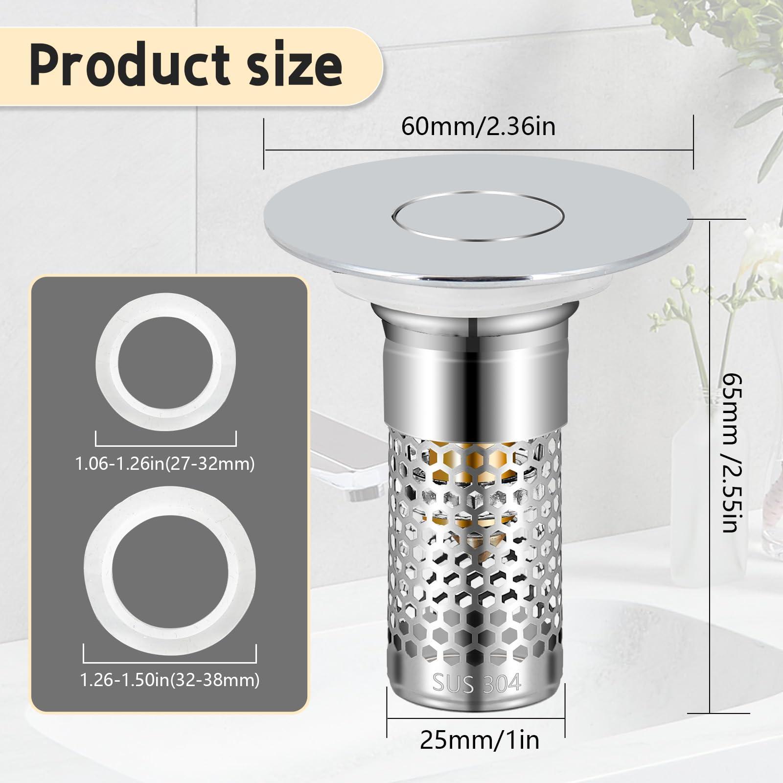 TONGDWOU 2Pack Bathroom Sink Stopper 1.06"-1.50", Universal Bathroom Sink Drain Pop Up Stopper for US Bathroom Sink Stainless Steel Floor Drain Filter, U.S. Standard Universal Drain Filter (Silver) - Image 2