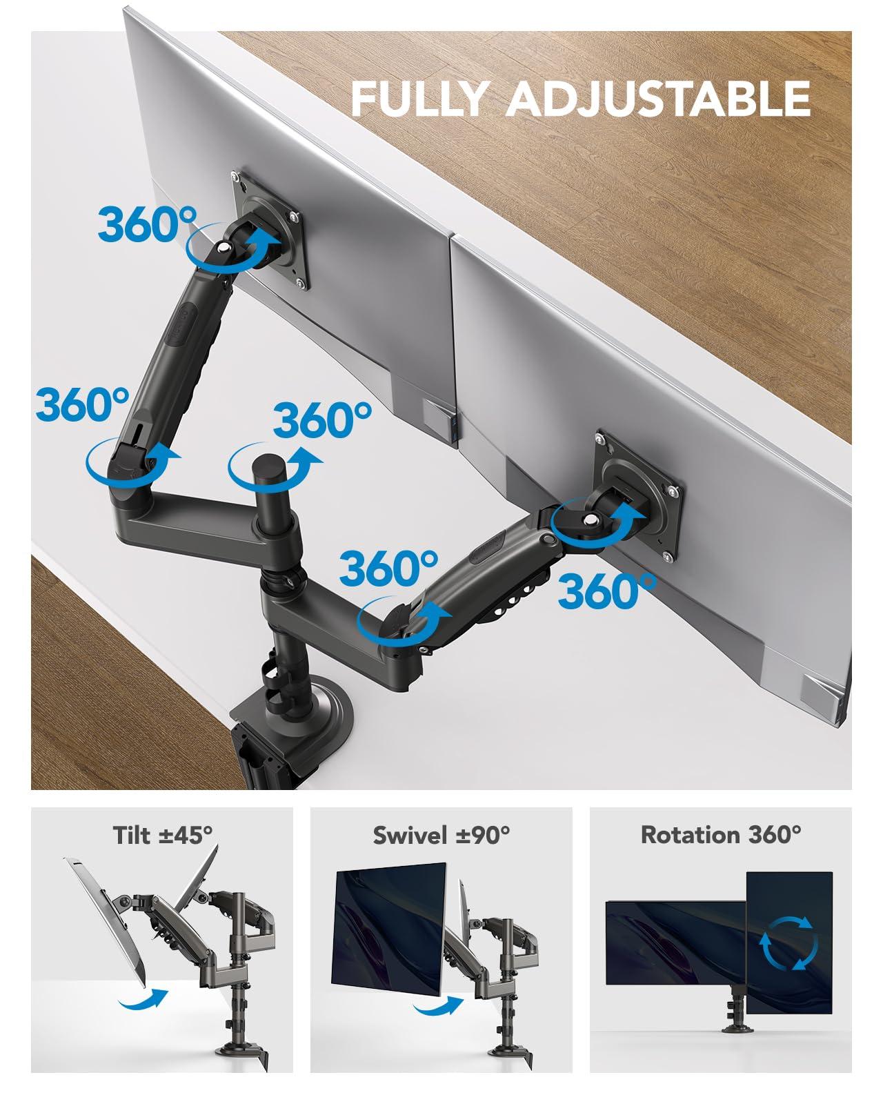 HUANUO 17-32 Inch Dual Monitor Stand, Gas Spring Dual Monitor Mount, Monitor Stand 2 Monitors, Ergonomic Adjustable Tilt/Swivel/Rotate, Weight Max 19.8 lbs, VESA 75/100mm - Image 4