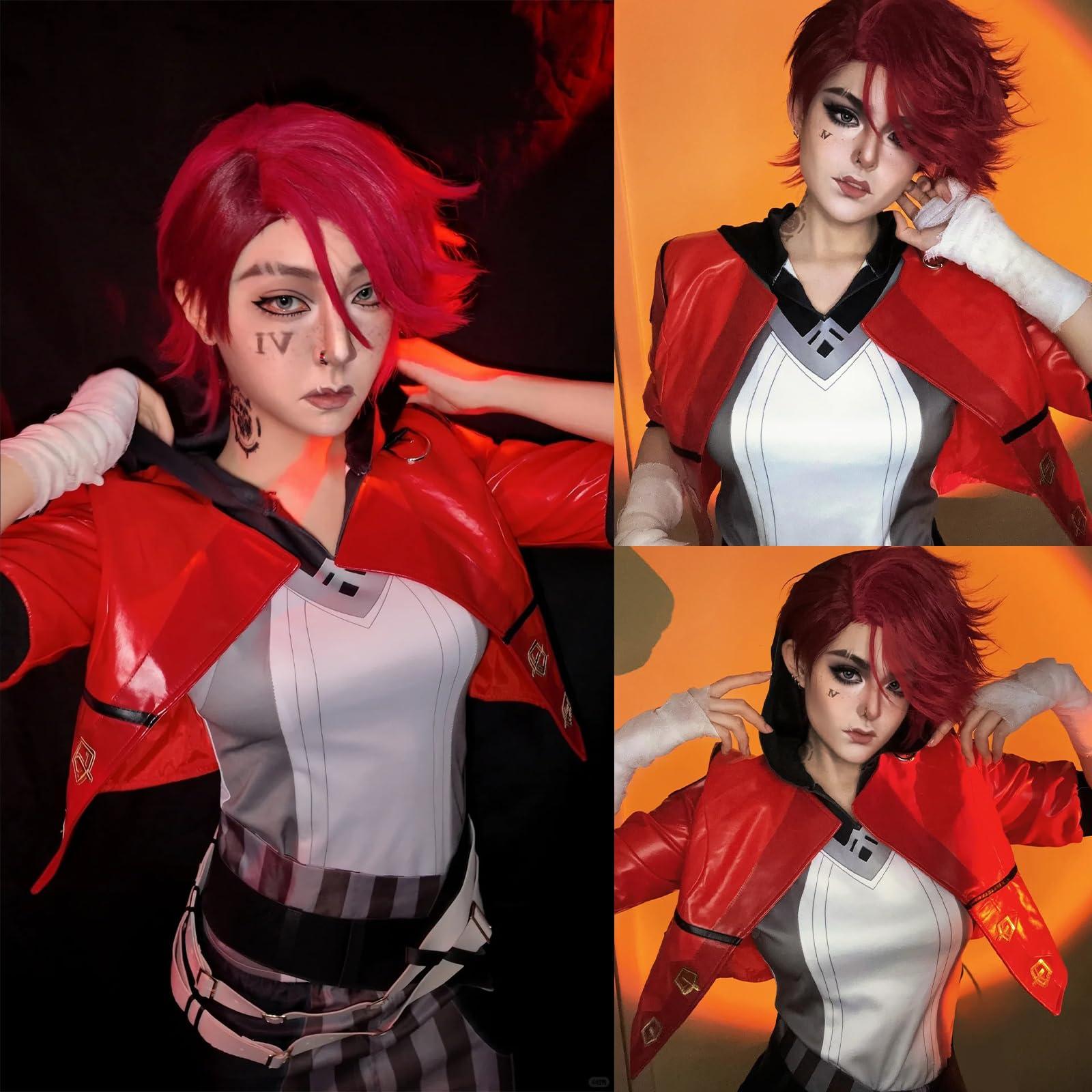 Women's Red Leather Anime Cosplay Jacket Full Set with Gradient Wig - Image 7