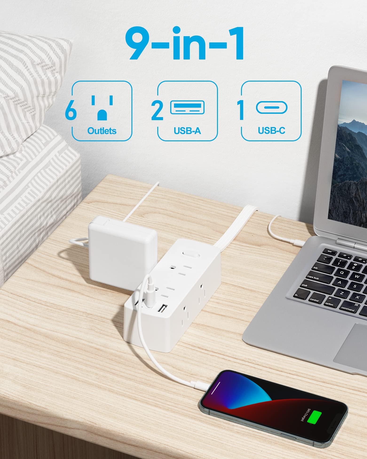 Flat Plug Power Strip, Olcorife Flat Extension Cord 5ft, 6 Outlets 3 USB Ports(1 USB C), 3-Side Outlet Extender Surge Protector for Home Office Travel Dorm Room Essentials, White - Image 2