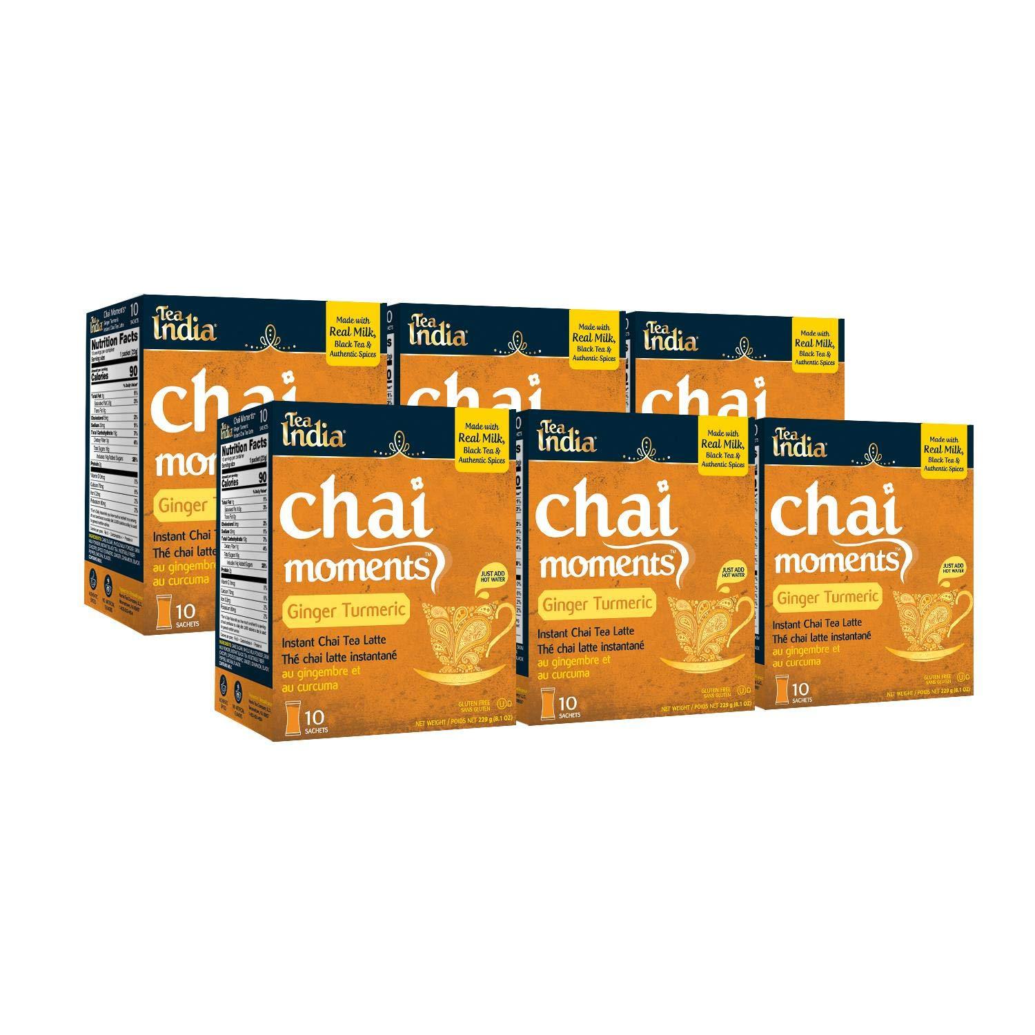 Tea India Chai Moments Ginger Turmeric Chai Tea Instant Latte Mix Flavorful Blend Of Premium Black Tea, Cardamom & Natural Ingredients Traditional Indian Tea Individually wrapped 10 Sachets Pack of 6