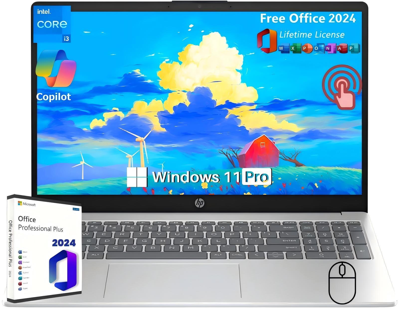HP 15.6" Touchscreen Business Laptop Computer - with MS Office 2024 Lifetime License, Intel 6-core i3-1215U, 32 GB RAM, 1 TB SSD, UHD Graphics, Long Battery Life, Wi-Fi 6E, Windows 11 Pro, Copilot