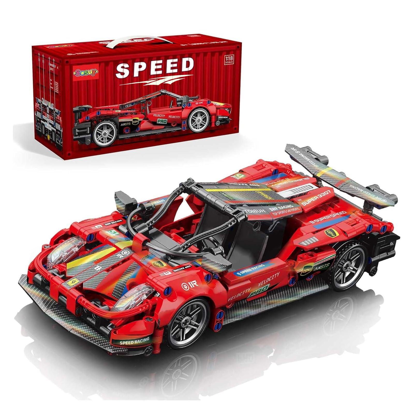 Sosuy Building-Block Race-Car Set, 1:18 Technical Model Kit 513 Pcs DIY Red Pull-Back Toy for Boy Girl Kid Age 6+ Year, Birthday Gift for Teen Adult Display, Speed Super Sports Cars Bricks Icons