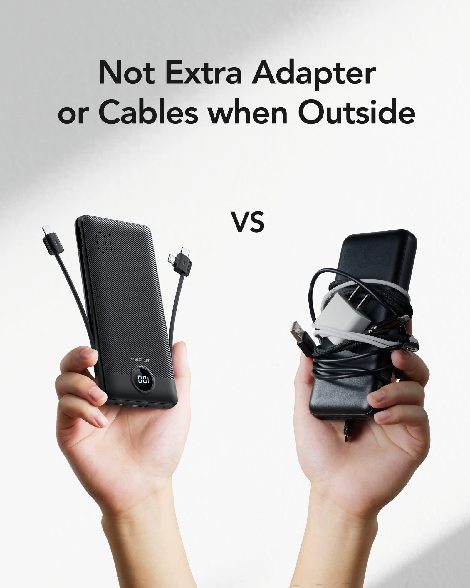 VEGER Portable Charger for iPhone Built in Cables and Wall Plug, 10000mah Slim Fast Charging USB C Power Bank, Travel Essential Battery Pack Compatible with iPhones, iPad, Samsung More Devices(Black) - Image 7