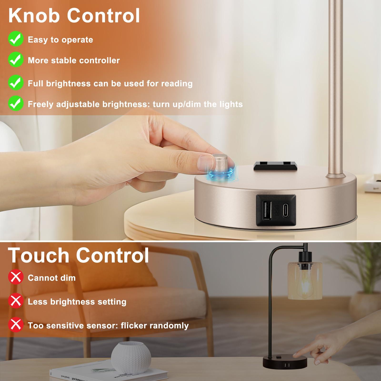 Industrial Table Lamps for Bedrooms Set of 2 - Fully Dimmable Bedside Lamps with USB Ports and Outlet, Champagne Gold Nightstand Lamps with Glass Shade for Living Room, Desk Lamps for Office Reading - Image 4