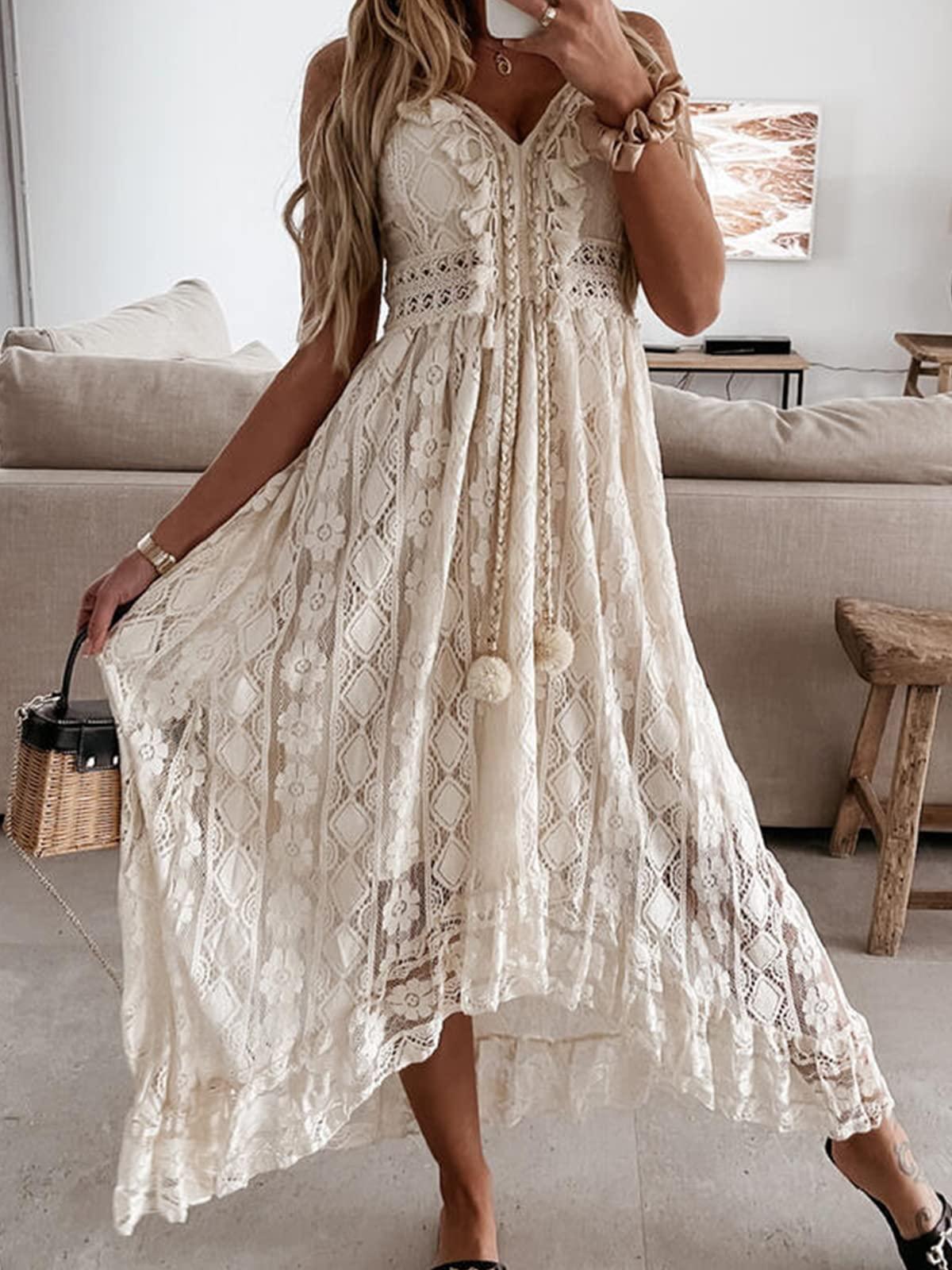 CUPSHE Women's Summer Dresses Sleeveless Lace Casual Tassel Beach Spaghetti Straps Flowy Maxi Sun Dress - Image 2