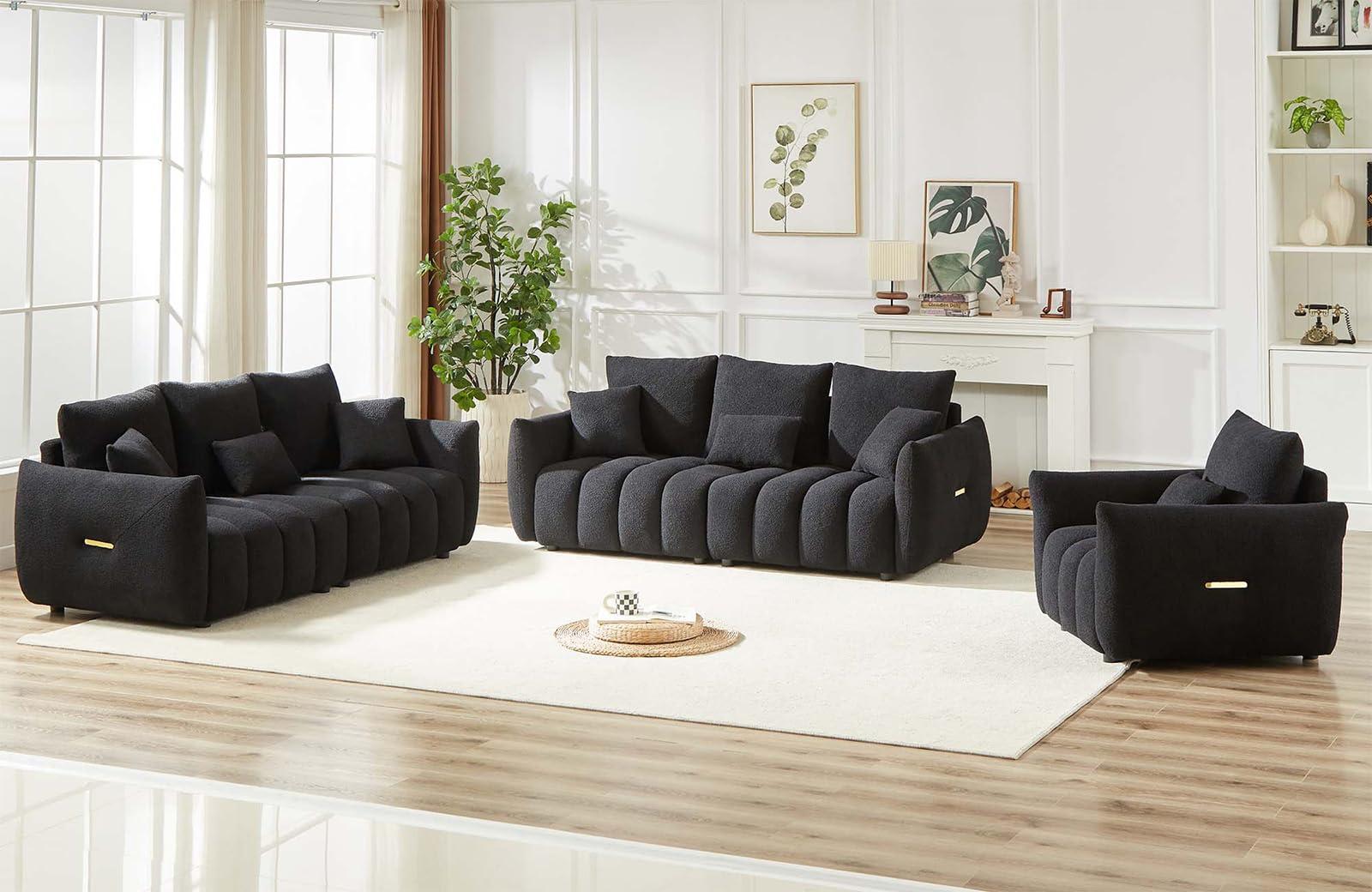 Antetek 81" Modern Sofa Couch, Comfy Deep Seat Teddy Cloud Sofa, Upholstered 3-Seater Boucle Couch, Oversized Loveseat for Living Room, Bedroom, Office, Apartment, Black - Image 9