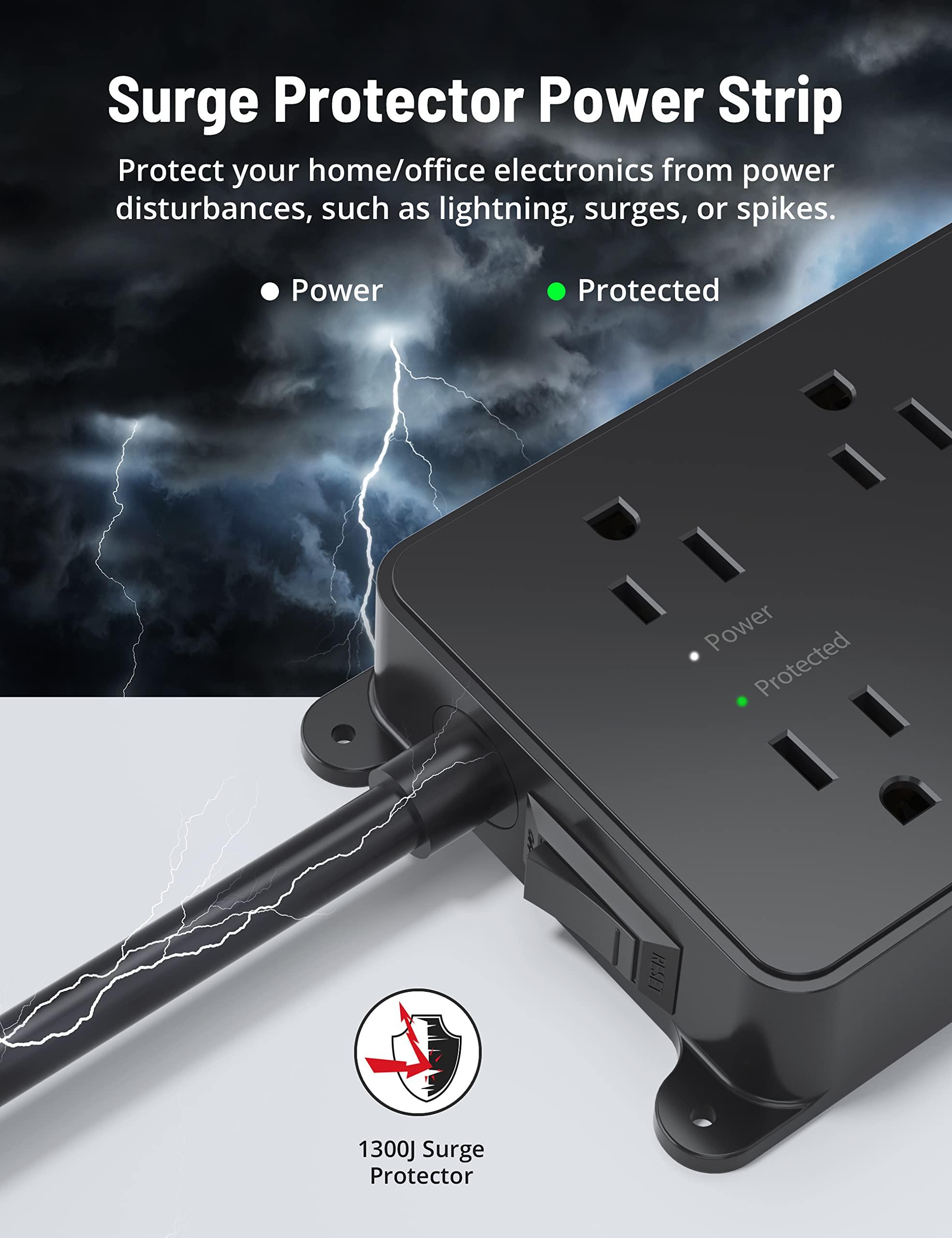 TROND Surge Protector Power Strip, 15ft Long Extension Cord, ETL Listed, 5 Widely Spaced AC Outlets, 2 USB A and 1 USB C, 1300J, Low-Profile Flat Plug, Wall Mountable, for Kitchen Office, Black - Image 5