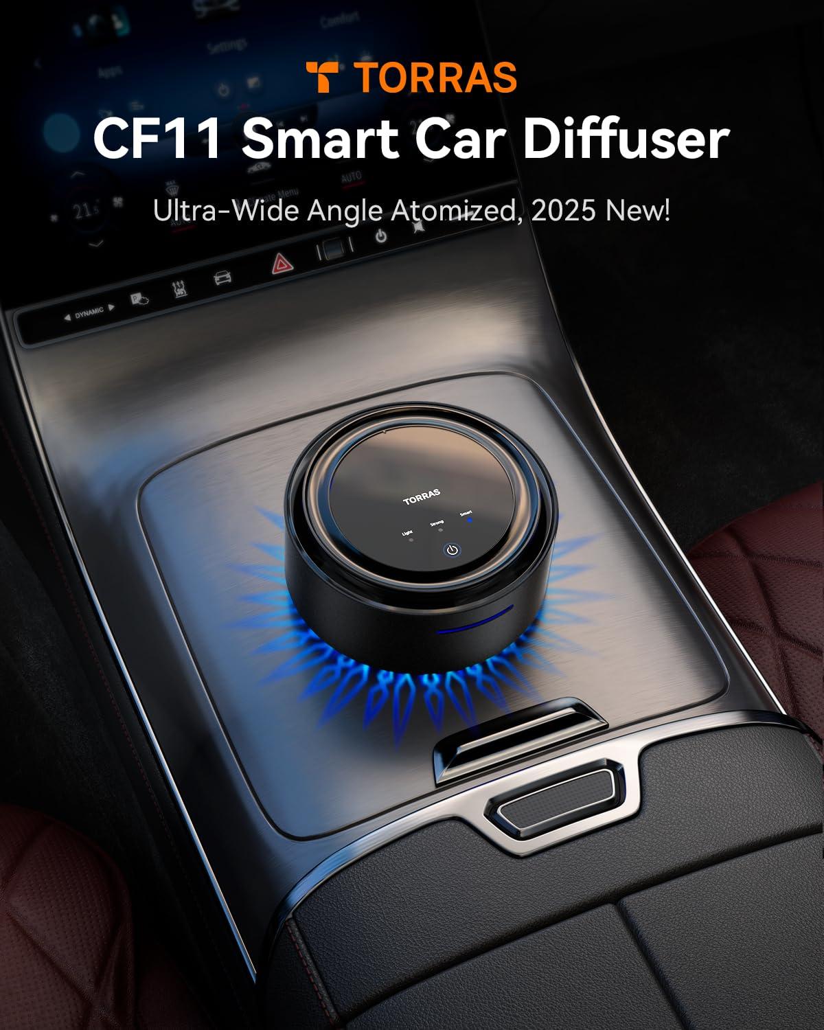 TORRAS Smart Car Air Freshener, Ultra-wide Ultrasonic Atomization Car Freshener, Blue Ambient Light, AUTO On/Off, Adjustable Mode, Natural fragrance, Sandalwood Cologne Scent - Image 2