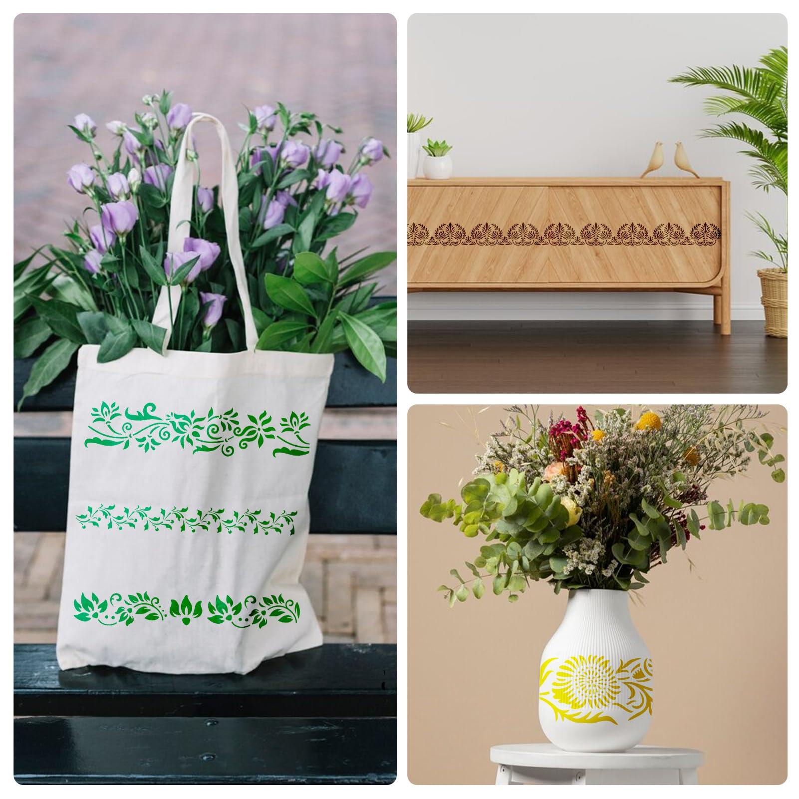 12 Pcs Large Flower Border Stencils for Painting, Reusable Plastic Floral Edge Baking Decorating Vine Stencil Tool, Painting Templates for DIY Cake Wood Wall Tile Furniture Canvas Craft, 3" x 11.8" - Image 4
