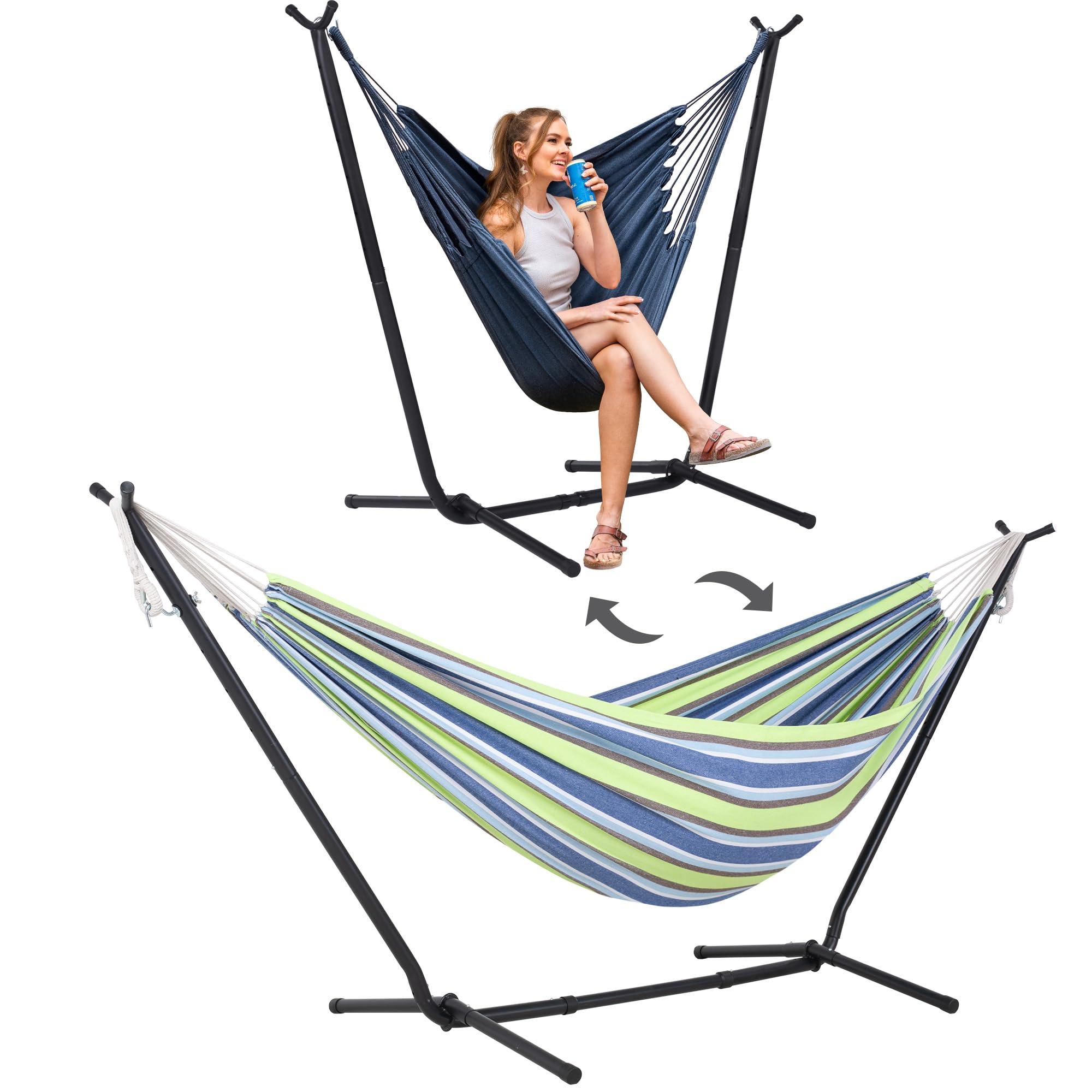 SUNCREAT 2-in-1 Convertible Backyard Fabric Hammock with Stand, Large Hammocks for Outside, Patent Pending, Light Green Stripes