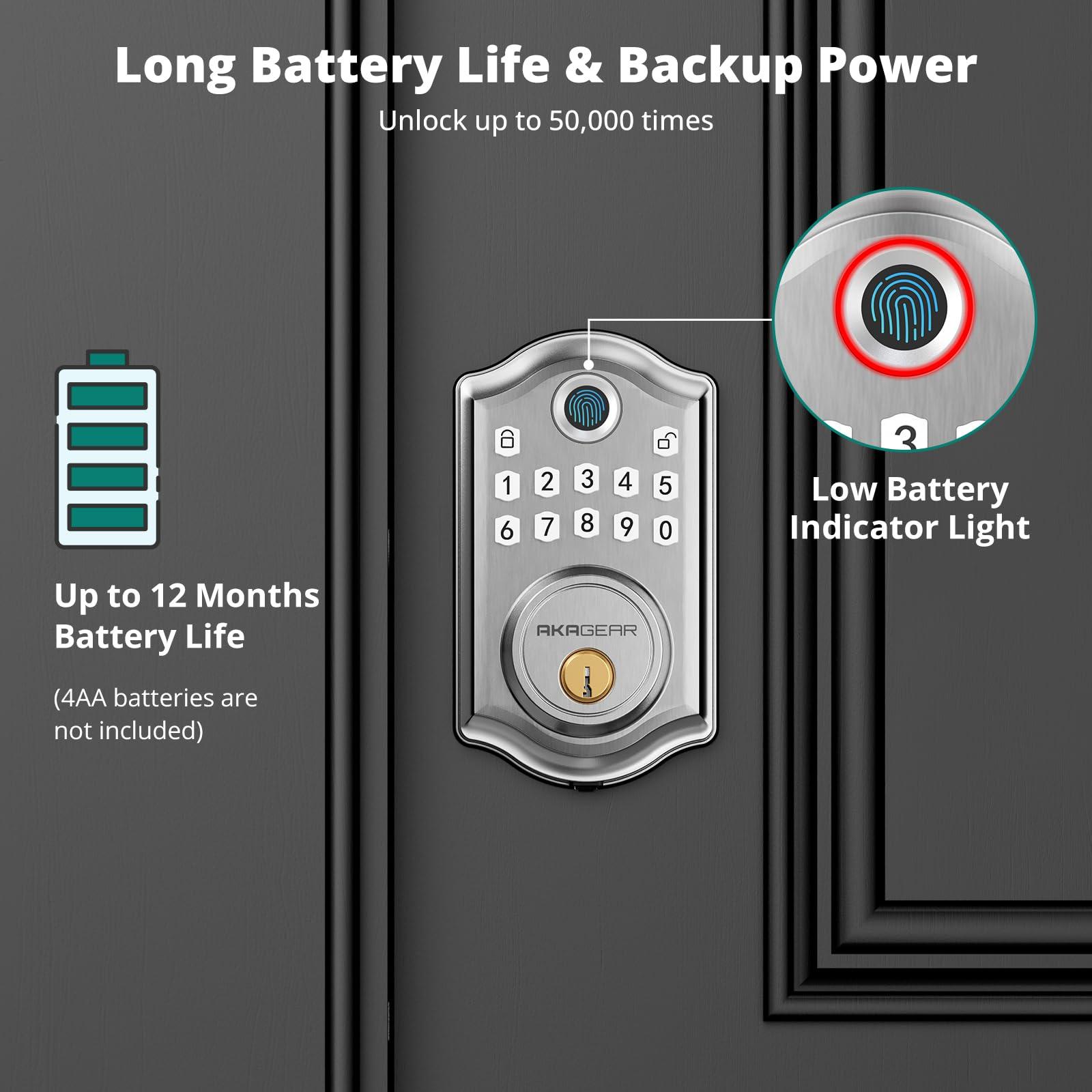 AkaGear DS10 Pro Keyless Entry Door Lock, Fingerprint Door Locks, Electronic Keypad Lock, Smart Deadbolt, Smart Locks for Front Door, Auto-Lock & One Touch Locking with Bluetooth - Satin Nickel - Image 7
