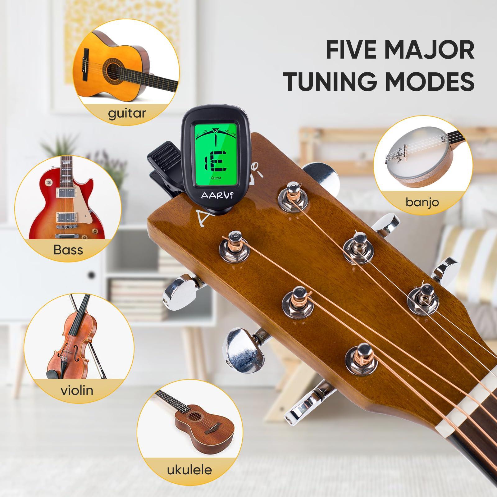 AARVI Clip On Guitar Tuner for All Instruments, Acoustic/Electric Guitar, Ukulele, Bass, Violin, Banjo, Large Clear LCD Display for Guitar Tuning, Chromatic Tuner, 4 Pack Guitar Picks Included - Image 3