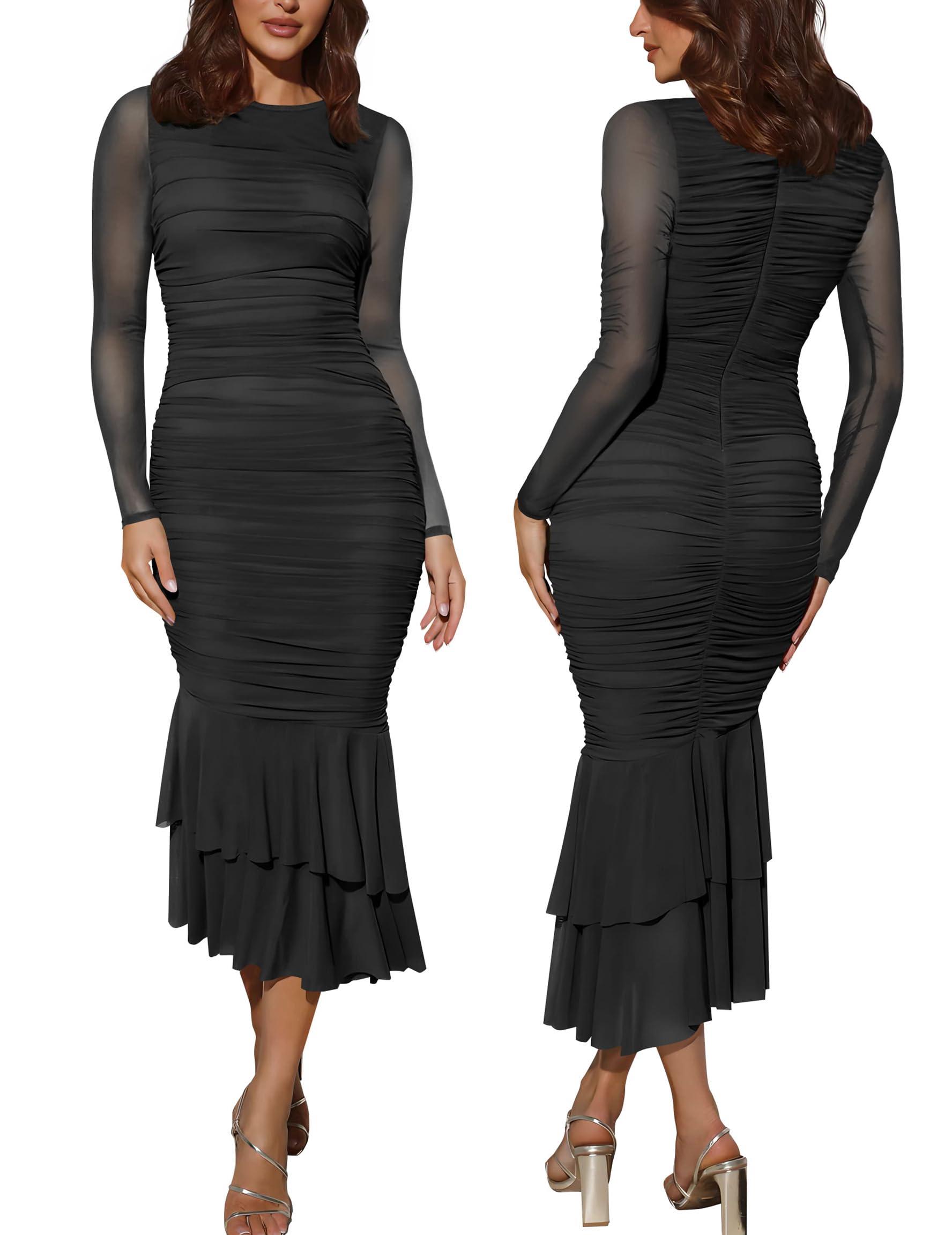 Atizon Elegant Ruched Bodycon Evening Dresses for Women Cocktail Party Formal Maxi Mermaid Dress - Image 3