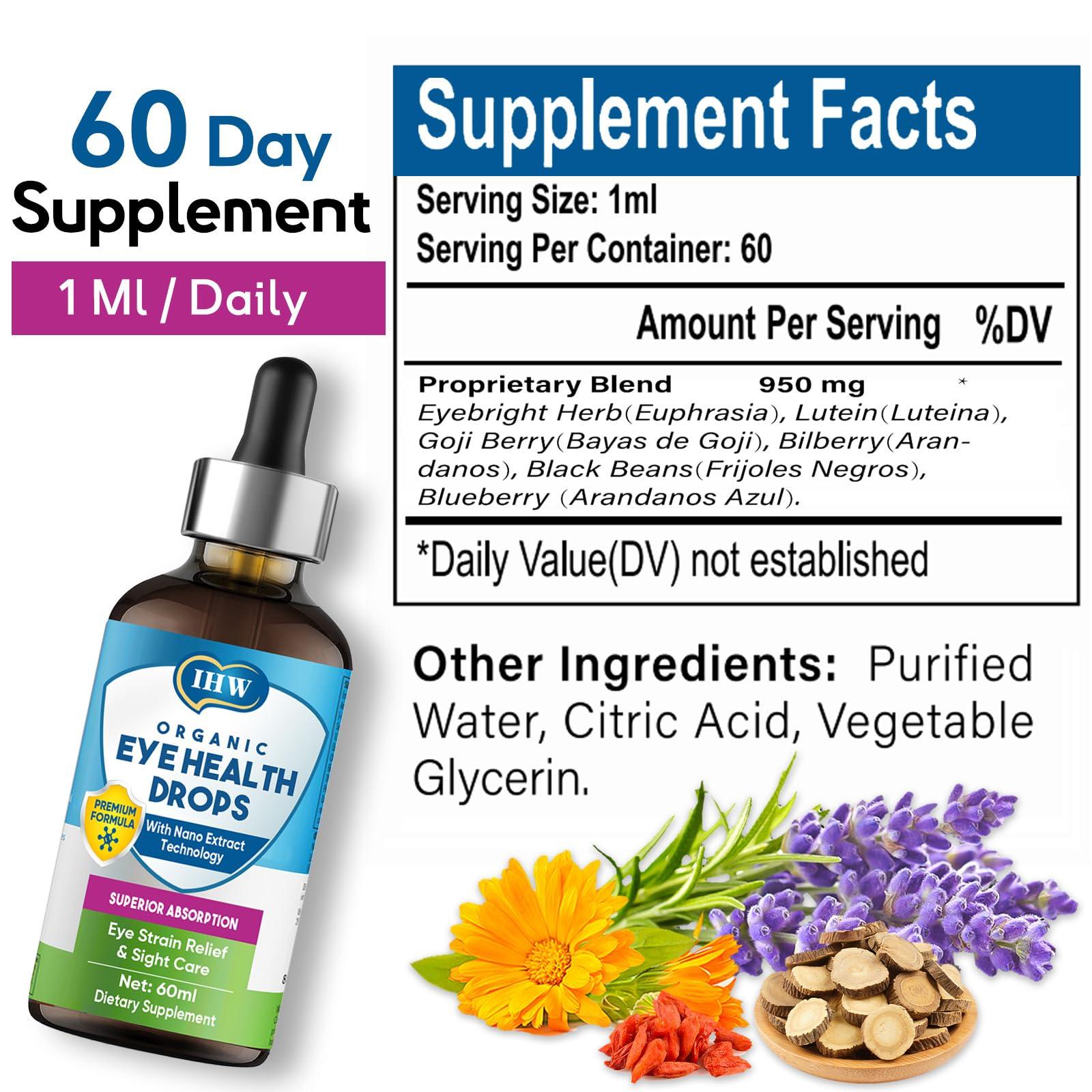 IHW 60ml Eyebright Herb Drops for Eye Health, Eye Fatigue & Dry Eye Support Herbal Supplements W/Euphrasia officinalis Bilberry Goji Leaves Blueberry Extract, Organic Eye Drops for Sight Care - Image 5