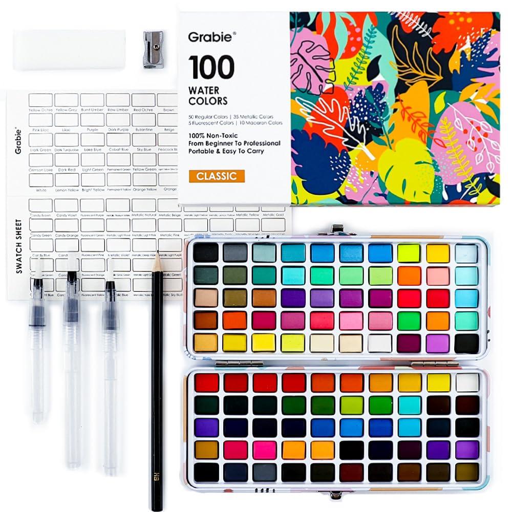 Grabie 100 Colors Watercolor Paint Set - 50 Regular, 35 Metallic, 10 Macaron and 5 Fluorescent Colors - Portable with Carrying Case, Water Brush Pens, and Accessories - For Beginners and Professionals