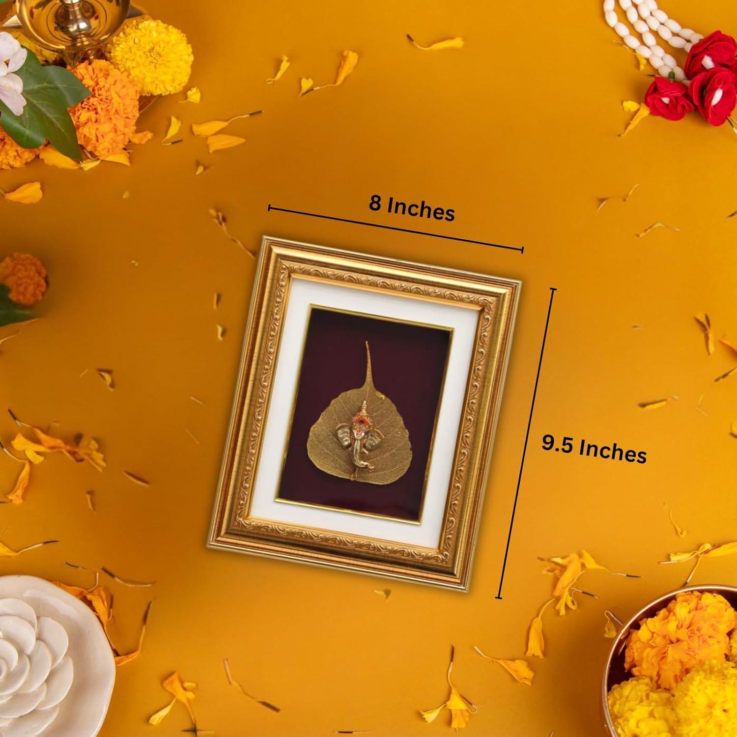 ZAARIYA Golden Ganesha Gold Leaf - God Gold Plated Decorative Photo Frame | for Gifting, Home Decor, Table Decor and Temple or Pooja Room Decoration (9.5 x 8 Inches) - Image 2