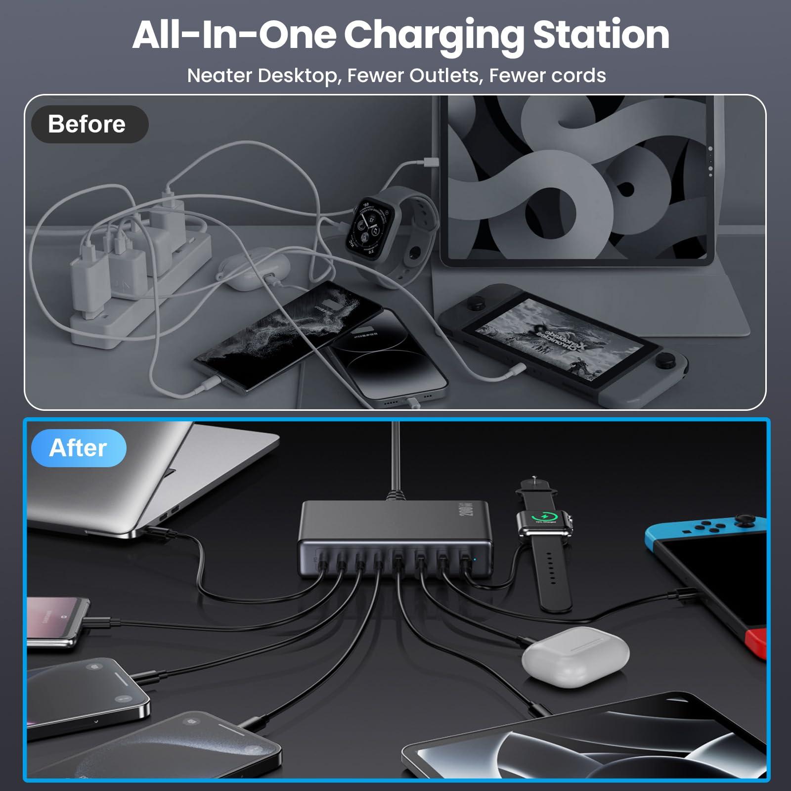 200W USB C Charger Block,GaN IV Charging Station 8 Ports,QC4.0 Fast Charging Station Hub+PD 65W USB C Laptop Charger Adapter Compatible with MacBook Air/Pro,DELL,iPhone 16/15,iPad,Steam Deck-Black - Image 8