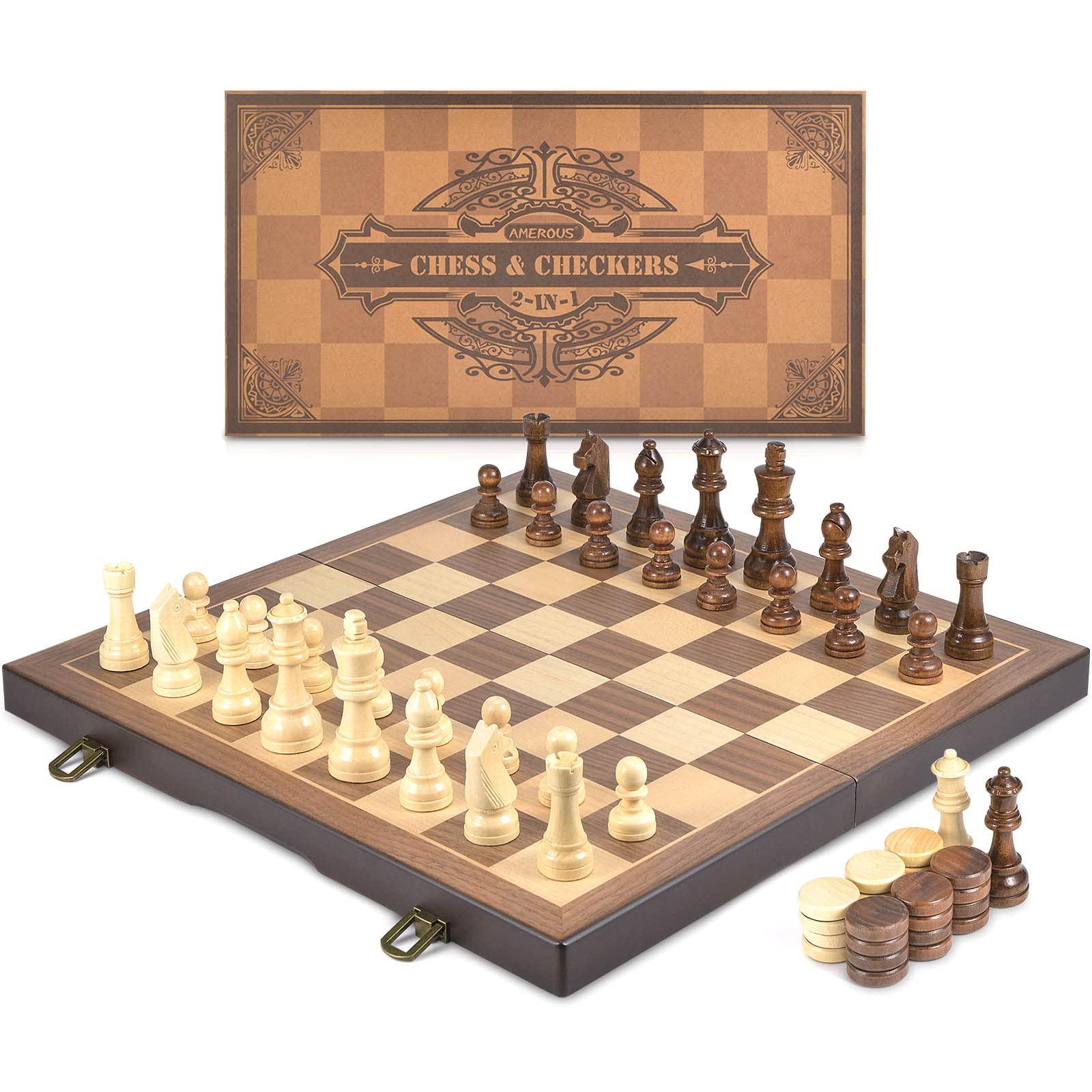 AMEROUS Magnetic Wooden Chess and Checkers Game Set, 15 Inches (2 in 1) Chess Board Games, 2 Extra Queens - Gift Package - Game Pieces Storage Slots, Beginner Chess Set for Kids, Adults - Image 7