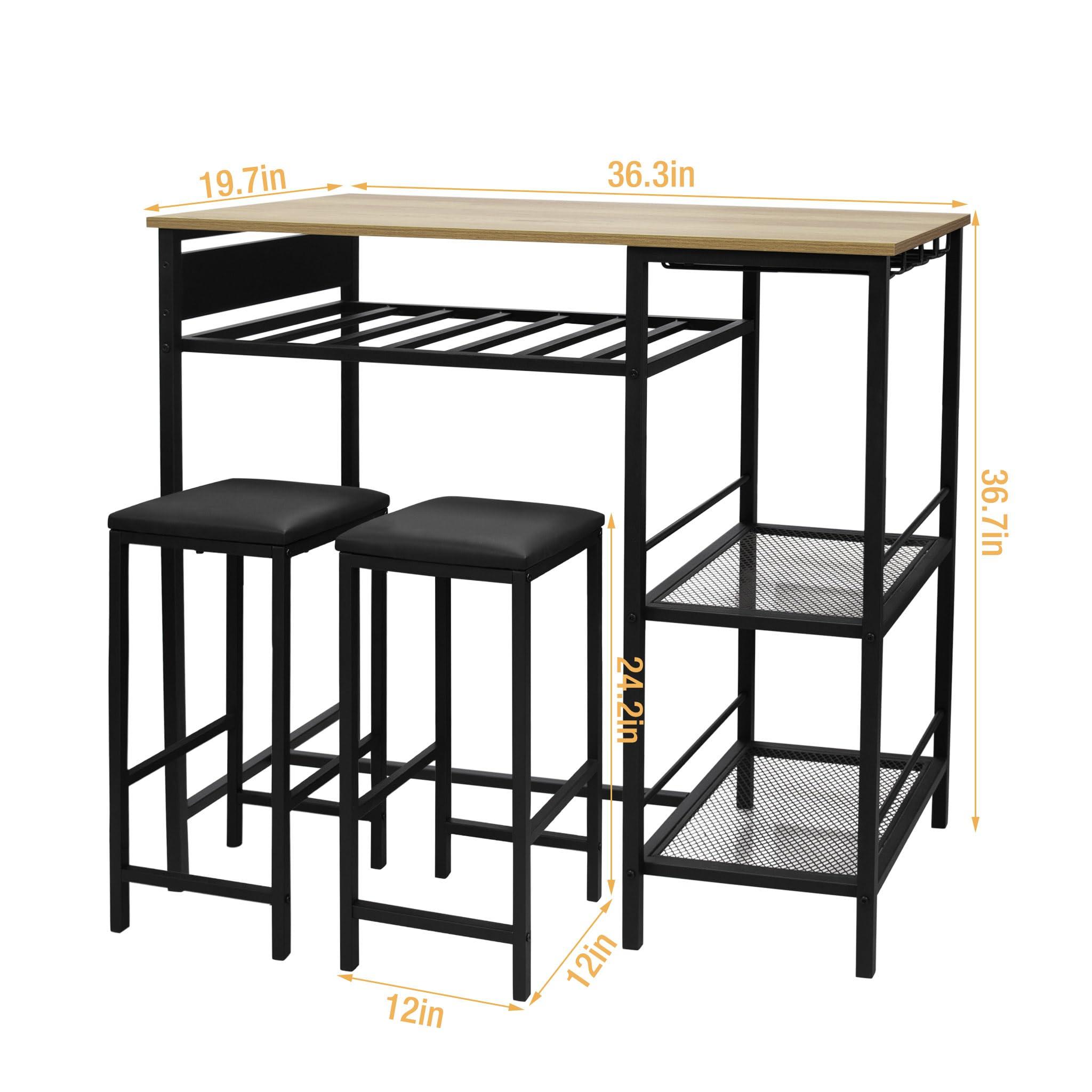 Ghouse Bar Table and Chairs Set of 2 with Storage Rack 4 Rows of Wine Glass Hanging Holder Pub Table with 2-Tier Storage Shelves for Apartment Living Room Dining Room Natural Oak 36.7 Inches Height - Image 2