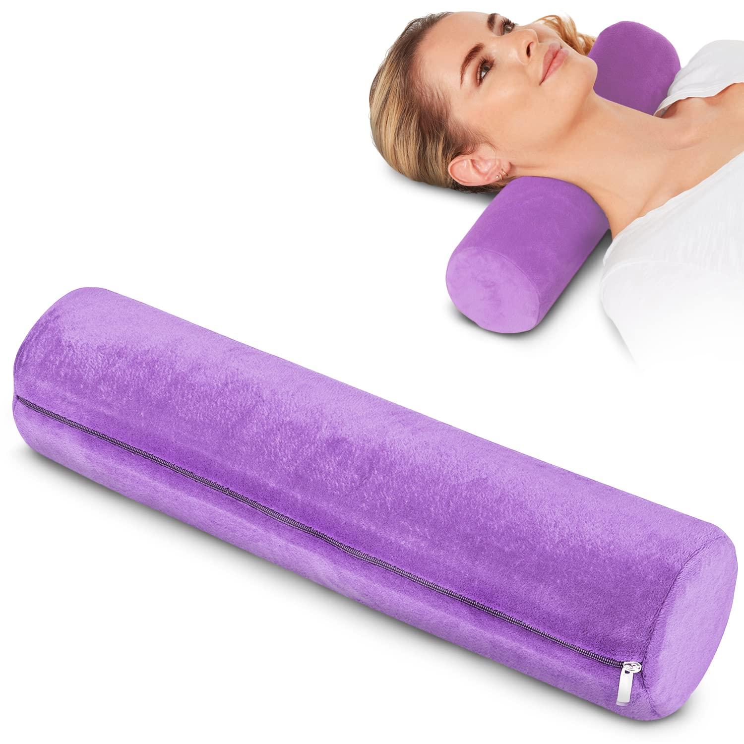 AllSett Health Cervical Neck Roll Memory Foam Pillow, Bolster Pillow, Round Neck Pillows Support for Sleeping | Bolster Pillow for Bed, Legs, Back and Yoga, Purple Washable Cover