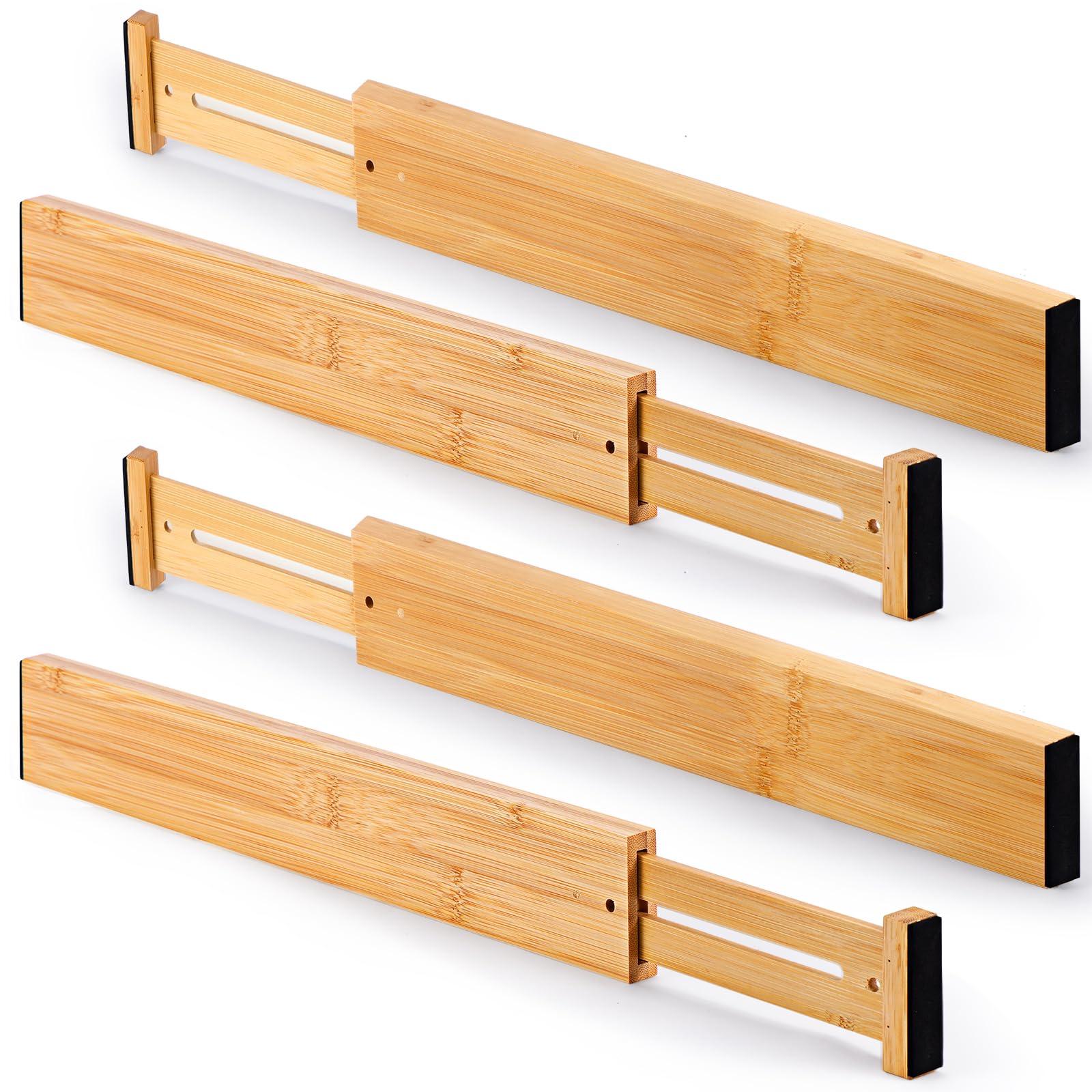 FUICRAST Bamboo Drawer Dividers Organizers, Kitchen Drawer Dividers for Clothes, Adjustable Drawers Separators for Dresser, Bedroom, Bathroom, Office, 4 Pack, 13“-17”
