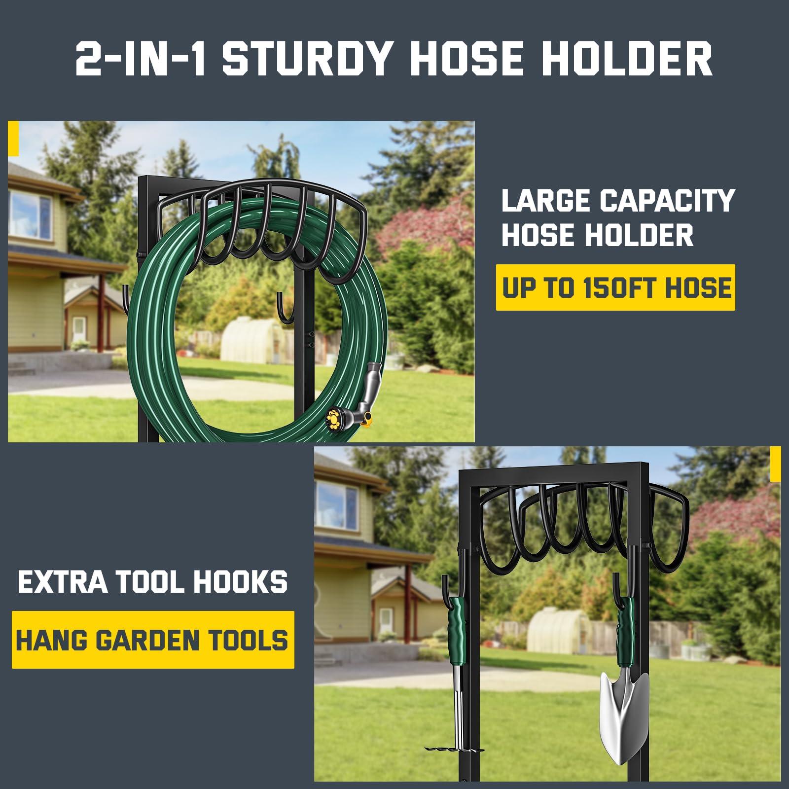 Kesfitt Garden Hose Holder Stand with 4 Spikes & 2 Tool Hooks, Detachable Heavy Duty Metal Freestanding Hose Reel Outdoor Organizer for Lawn Yard Water Storage Rack - Image 4