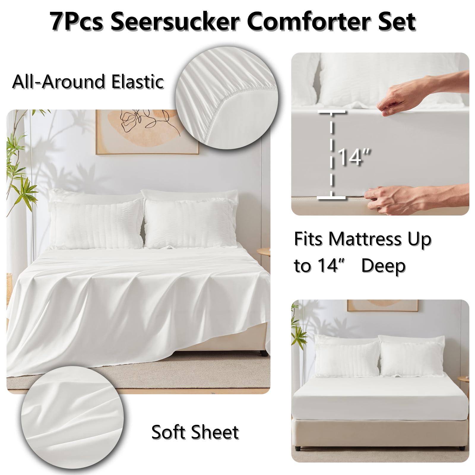 CozyLux Queen Comforter Set White Seersucker 7 Pieces Bed in a Bag Queen Comforter Set with Sheets, Luxury Soft Bedding Set with Down Alternative Comforter, Sheets, Pillowcases & Shams for All Seasons - Image 5
