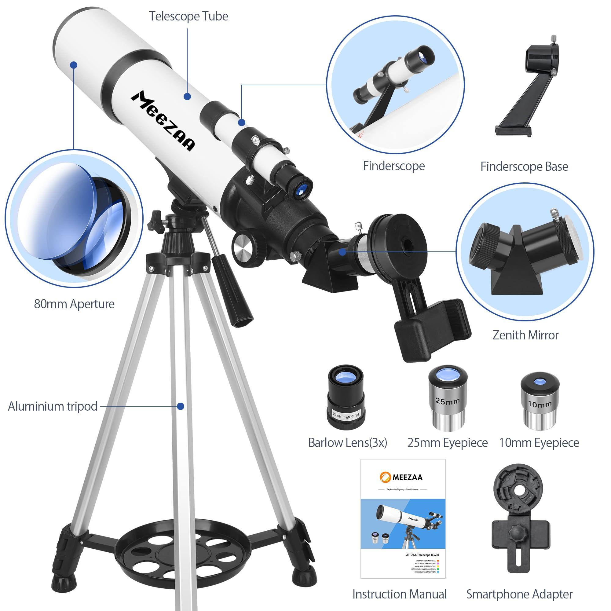 MEEZAA Telescope, Telescope for Adults High Powered, 80mm Aperture 600mm Portable Refractor Telescopes for Astronomy Beginners Fully Multi-Coated Optic High Transmission with Phone Adapter & Carry Bag - Image 6