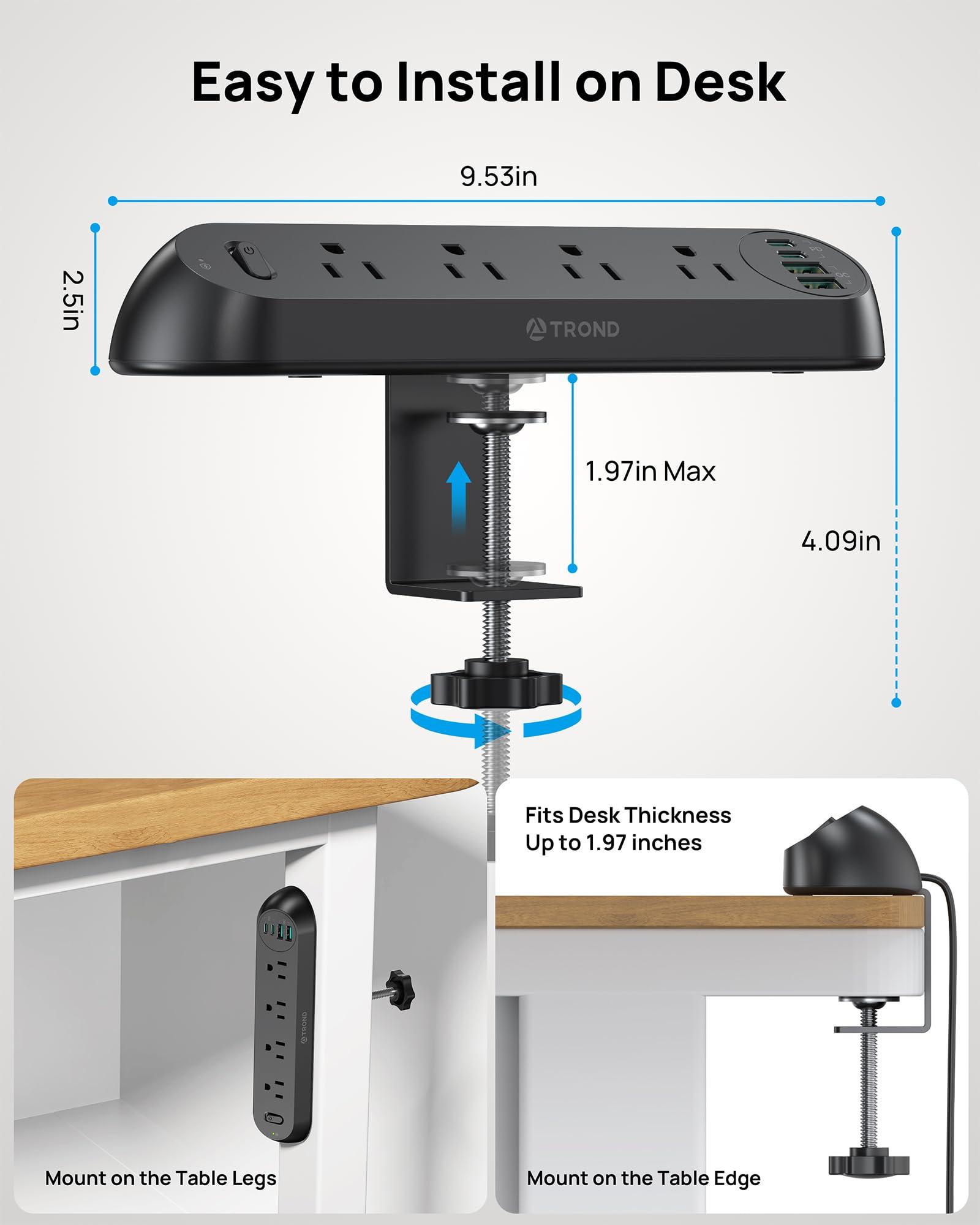 TROND Desk Clamp Power Strip USB C PD 20W- Surge Protector with 4 AC Outlets 4 USB Ports, Flat Plug 6ft Extension Cord, 1700J, ETL Listed, Fits 1.97 inch Tabletop Edge, for Home Office, Black - Image 5