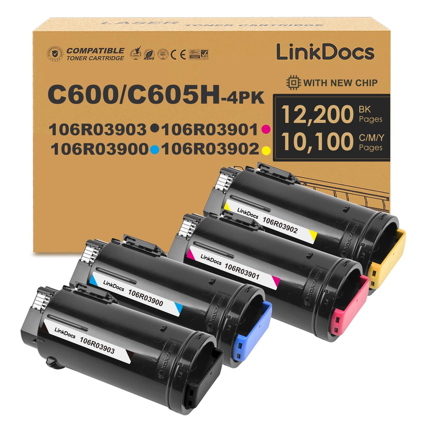LinkDocs C600/C605 High Capacity Yield Toner Cartridge Replacement for Xerox VersaLink C600 C605 Printers Toner 4 Colors Pack: 106R03900, 106R03901, 106R03902, (Black 12,200 & Colors 10,100 Pages)