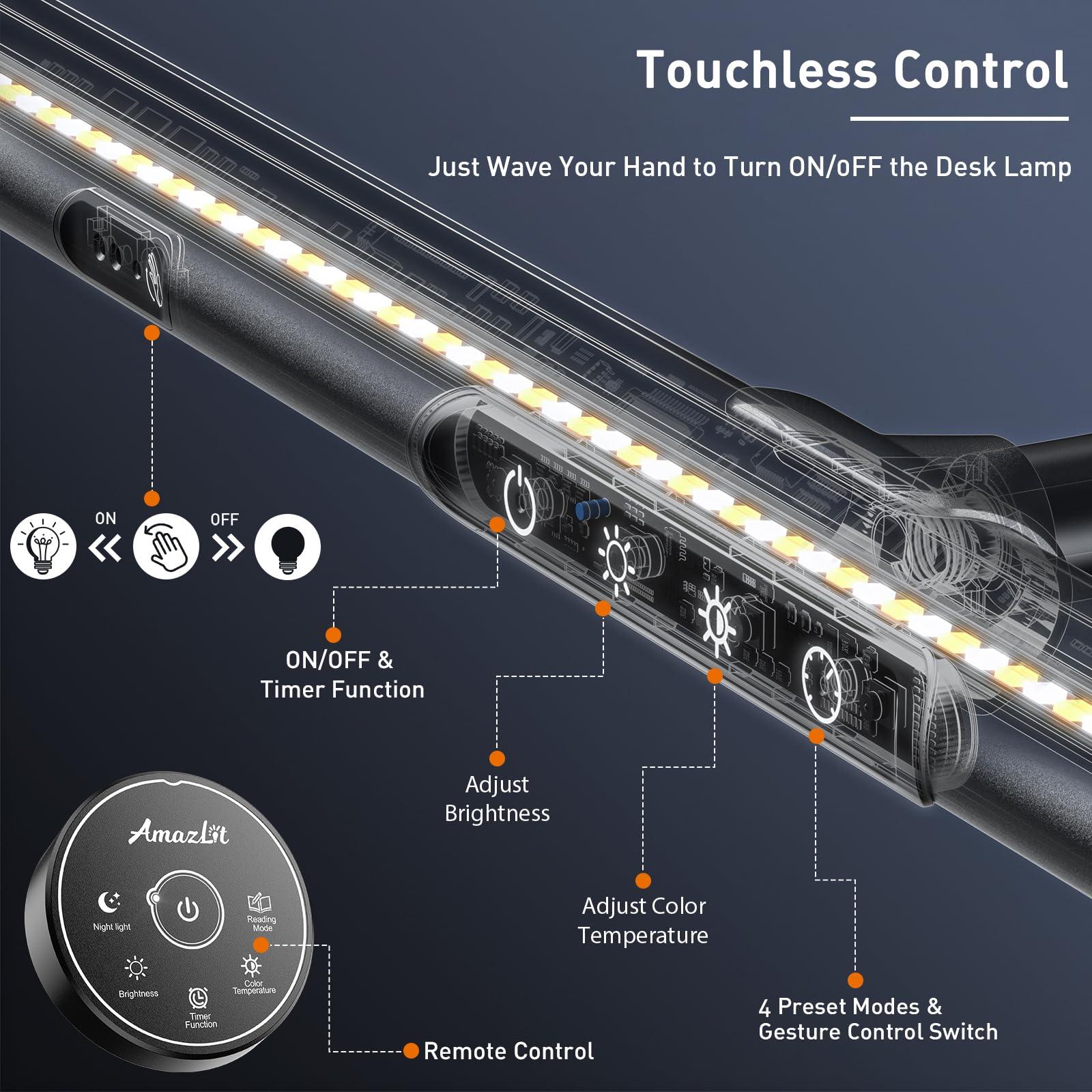 AmazLit Desk Lamp for Home Office, Desk Light with Clamp, Office Lamp with Remote & Gesture Sensing, Monitor Light Bar, Adjustable Color Temperature & Brightness, 12W - Image 4