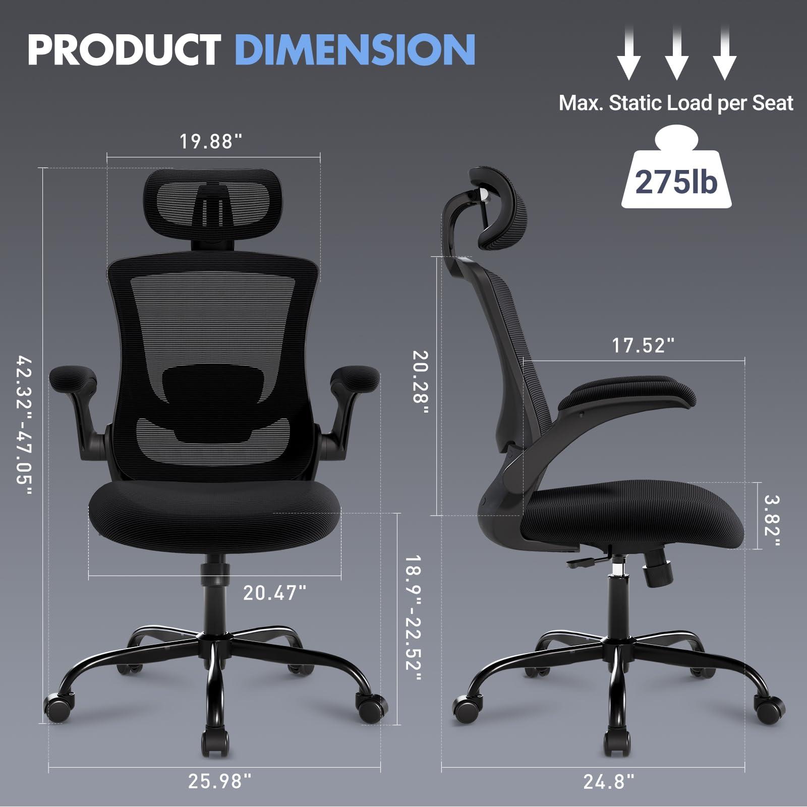 Ergonomic Office Chair with Adjustable Lumbar Support & Headrest – High Back Mesh Desk Chair with Flip-Up Armrests, Swivel Rolling Computer Chair for Home Office, Breathable & BIFMA Certified, Black - Image 3