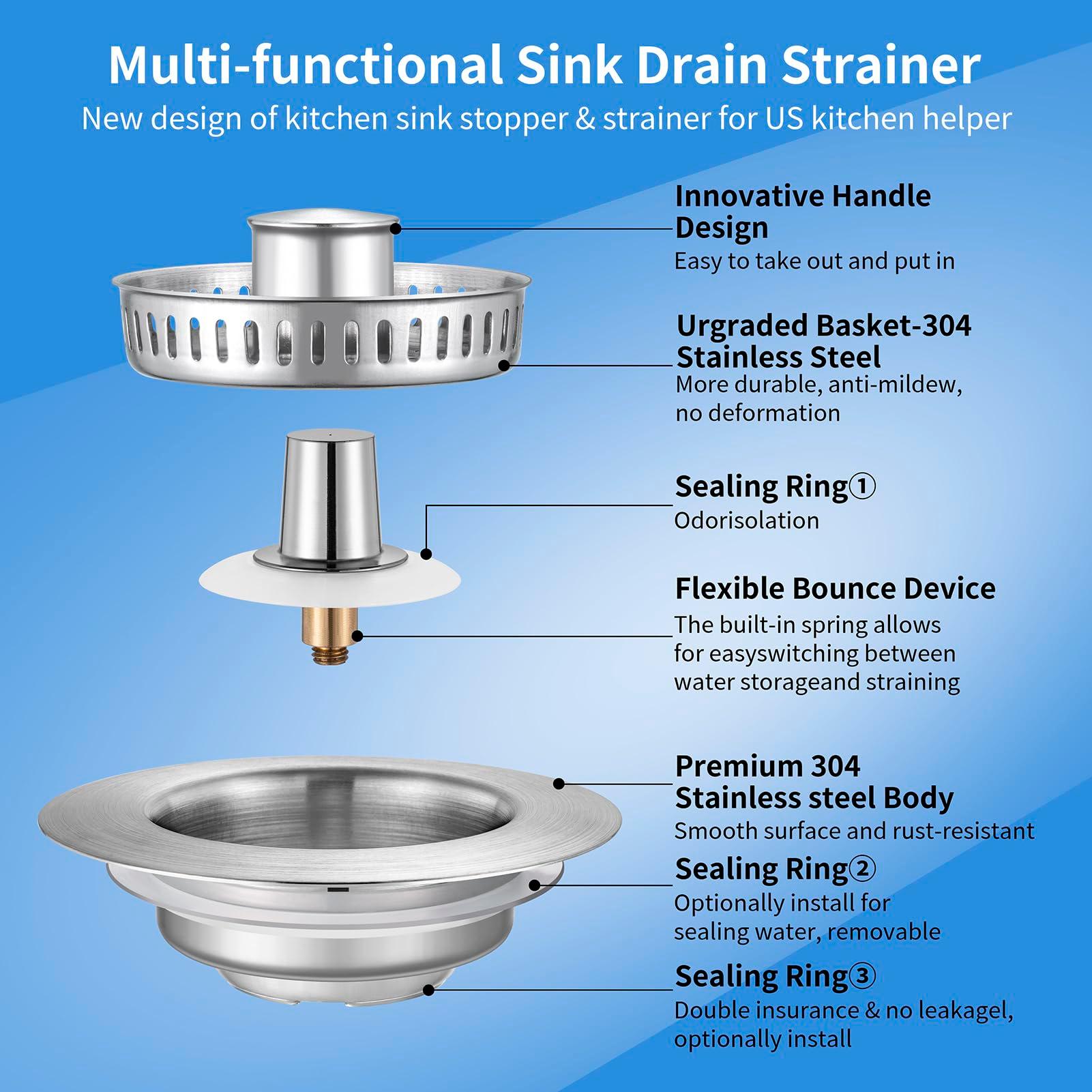 Upgraded 3 in 1 Kitchen Sink Drain Strainer - Stainless Steel Sink Stopper, Anti-Clogging Sink Food Catcher Basket, Fast Drainage Odor Filter Sink Plug for US Standard 3 1/2 inch Drain (Silver-1Pack) - Image 7