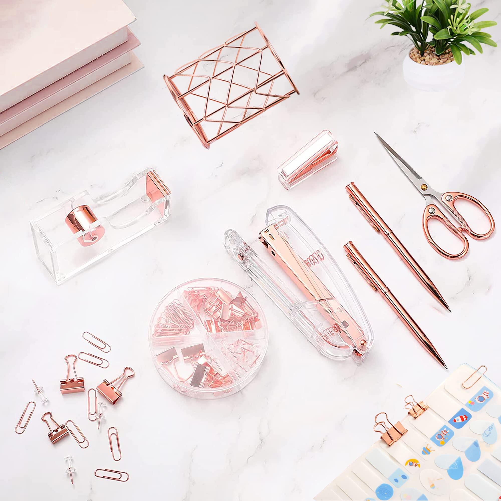 Famassi Rose Gold Desk Accessories，Office Supplies Set Acrylic Stapler Set Staple Remover, Tape Holder, 2 Ballpoint Pen, Scissor, Binder/Paper Clips and 1000pcs Staples. - Image 2
