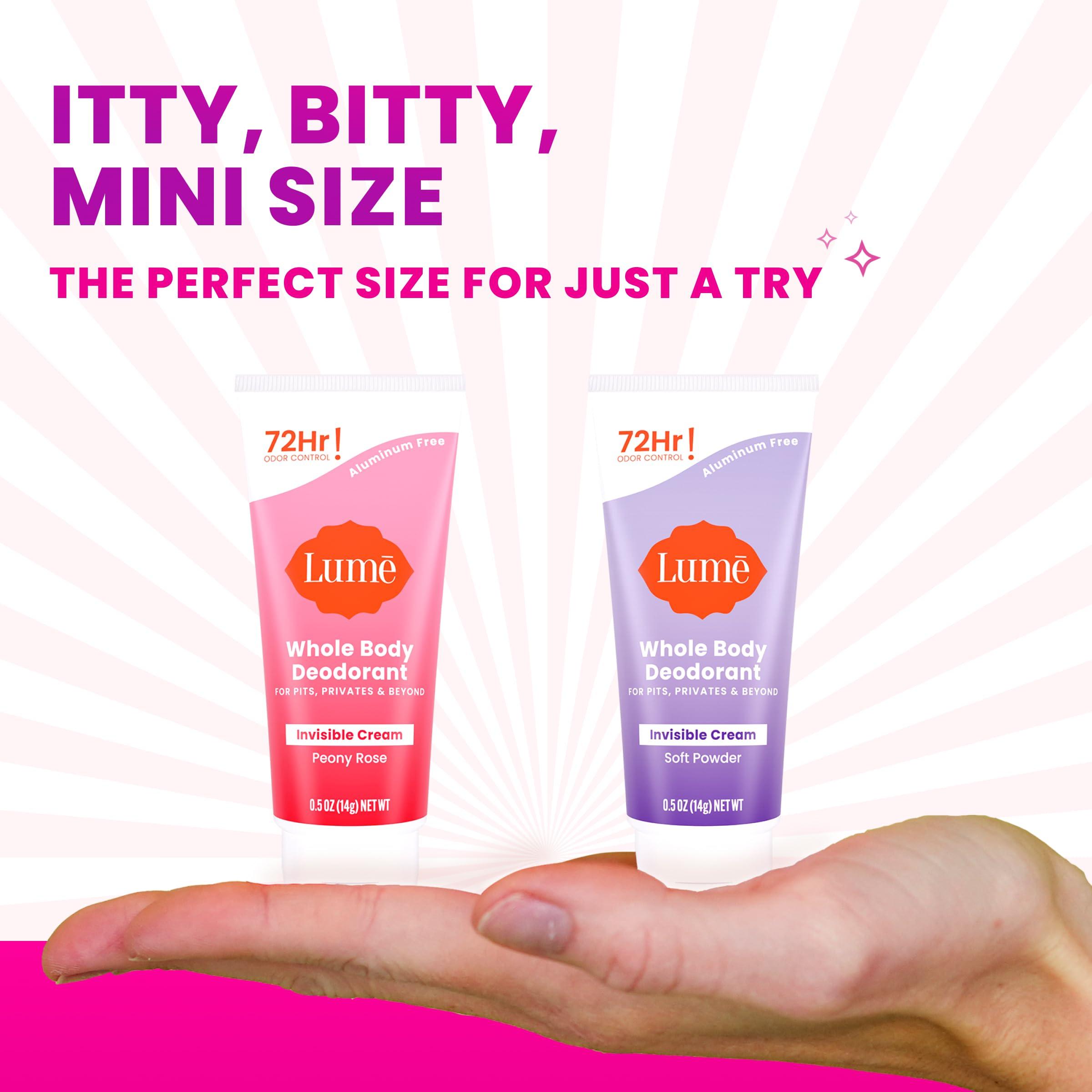 Lume Whole Body Deodorant - Mini Travel Size Invisible Cream Tube - Trial Size - 72 Hour Odor Control - Doctor Developed - Aluminum Free, Baking Soda Free - .5oz (2 Pack) (Soft Powder & Peony Rose) - Image 2