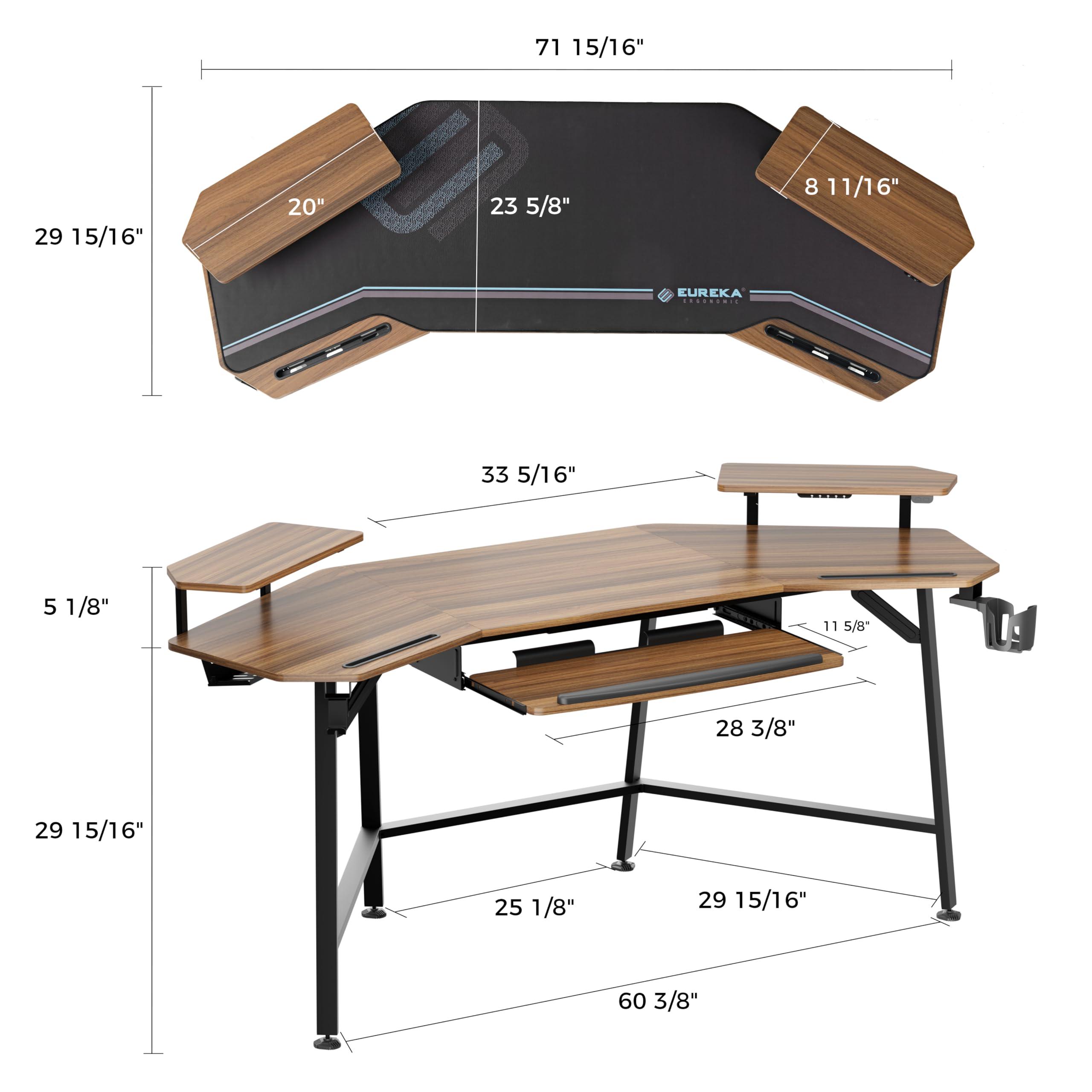 EUREKA ERGONOMIC 72" Gaming Desk W Keyboard Tray, Wing-Shaped Music Studio Desk, Large Computer Table W LED Convertible Monitor Stand Dual Headphone Hanger for Recording Live Streamer, Walnut Wood - Image 3