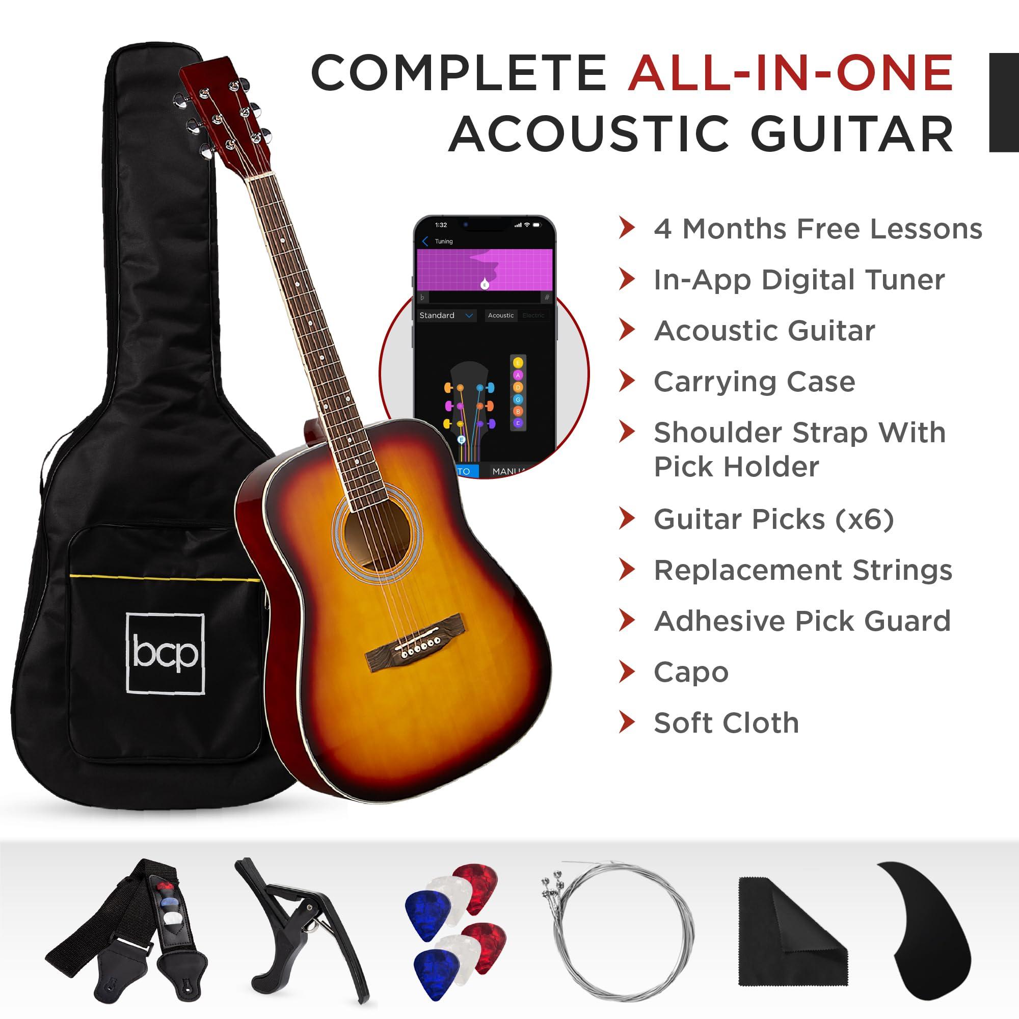 Best Choice Products 41in Full Size Beginner All Wood Acoustic Guitar Starter Set w/Gig Bag, Strap, Capo, Strings, Picks - Sunburst - Image 3