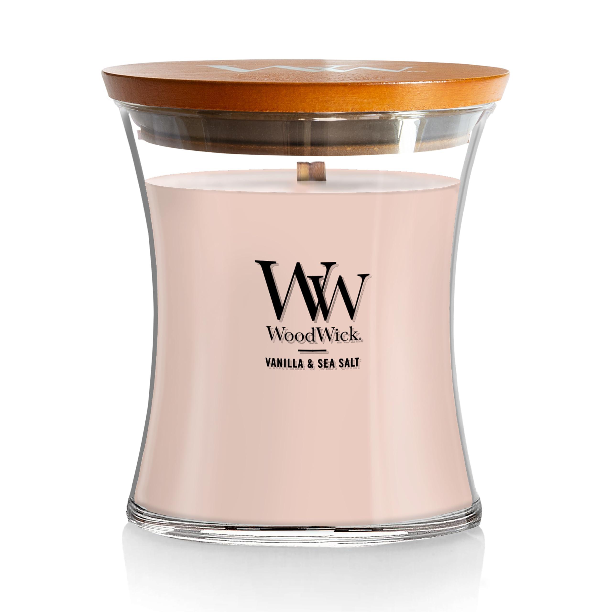 WoodWick Medium Hourglass Candle Vanilla Sea Salt Scented Premium Soy-Blend Wax Pluswick Innovation Wood Wick Ideal for Gifting or Home Decor