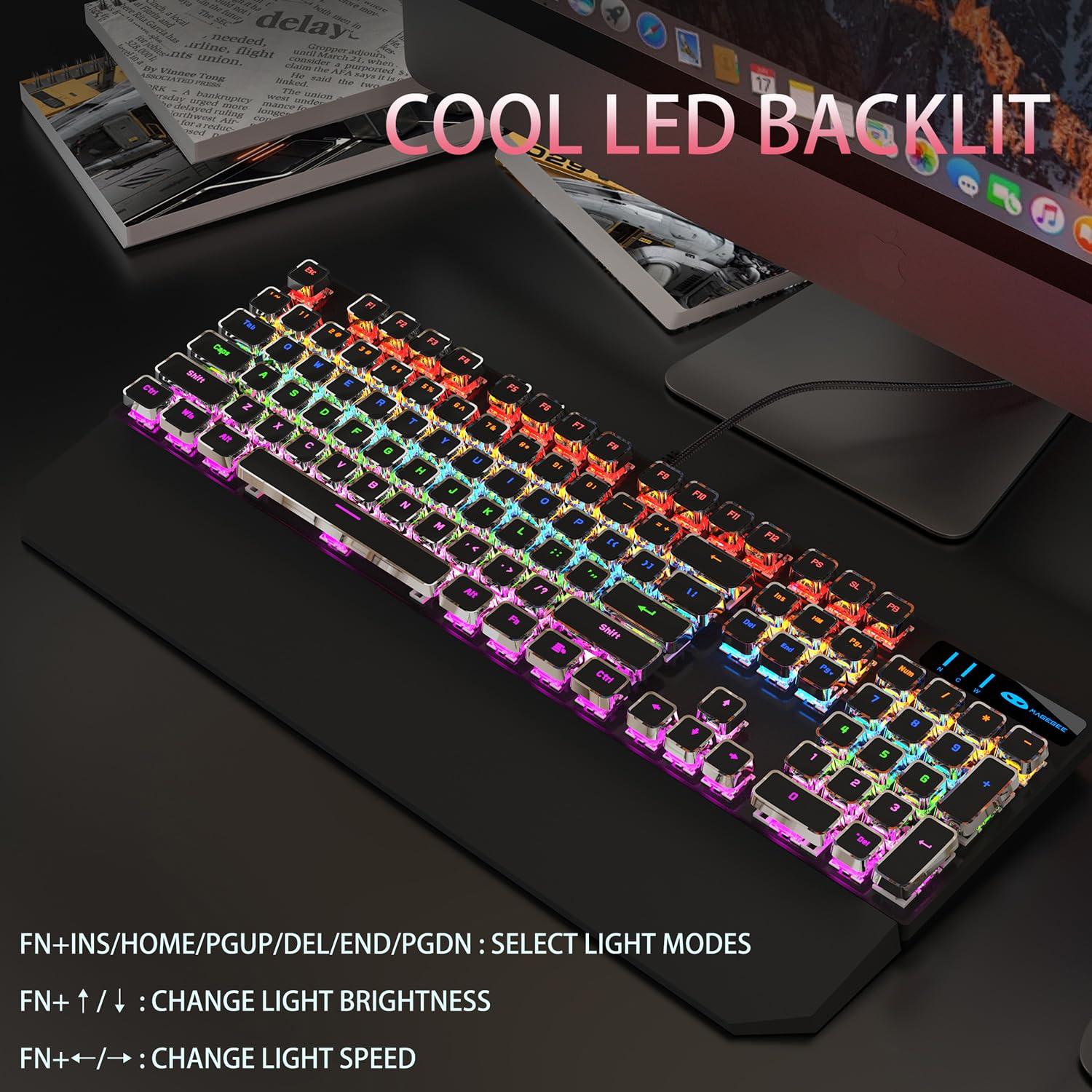 Camiysn Typewriter Style Mechanical Gaming Keyboard, Black Retro Punk Gaming Keyboard with RGB Backlit, 104 Keys Blue Switch Wired Cute Keyboards, Unique Square Keycaps for Windows/Mac/PC - Image 4