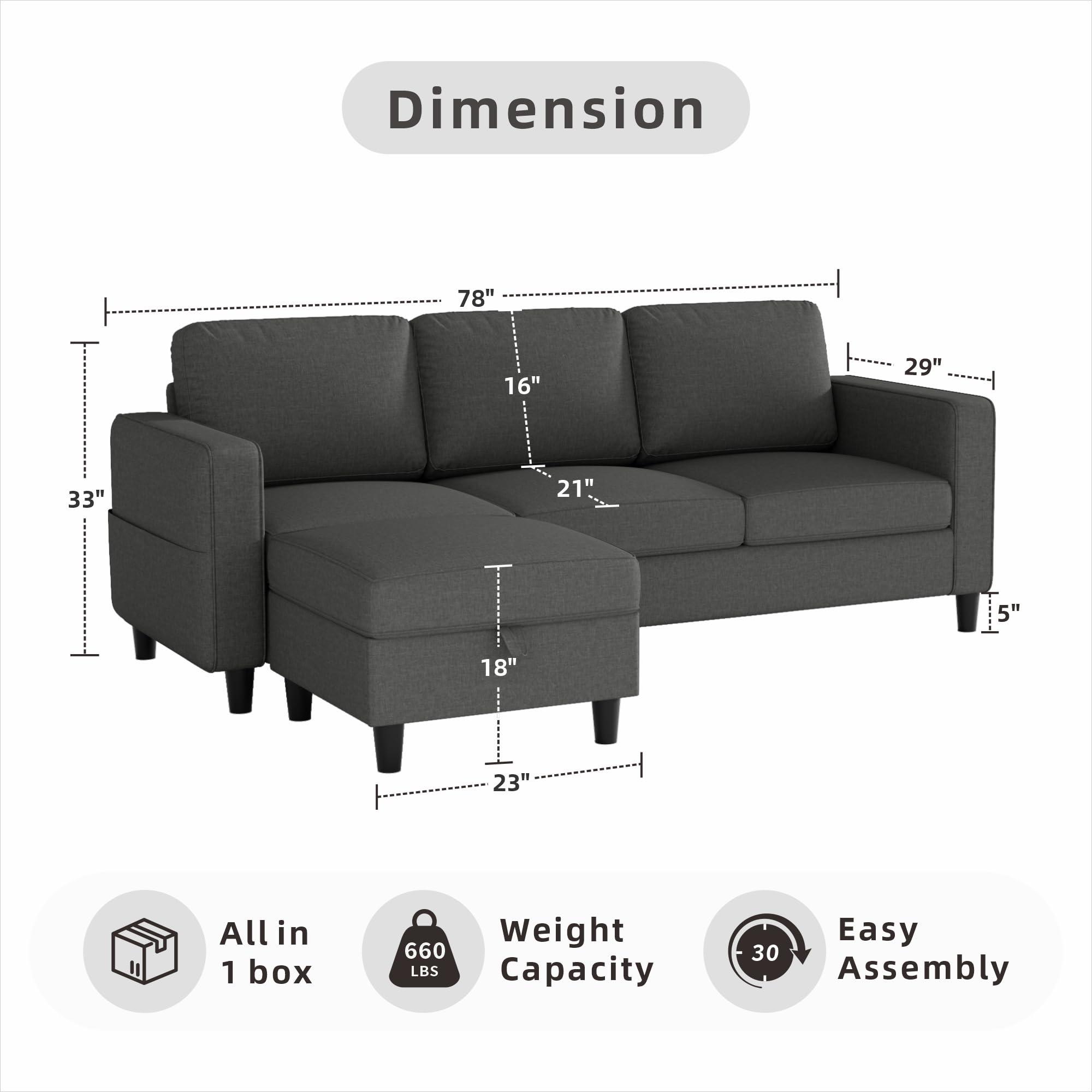Sectional Sofa Couches for Living Room - Dark Grey 3 Seat L Shaped Couch with Storage Ottoman, Modern Linen Convertible Sectionals Sofas with Reversible Chaise for Apartment, Office, Small Space - Image 2