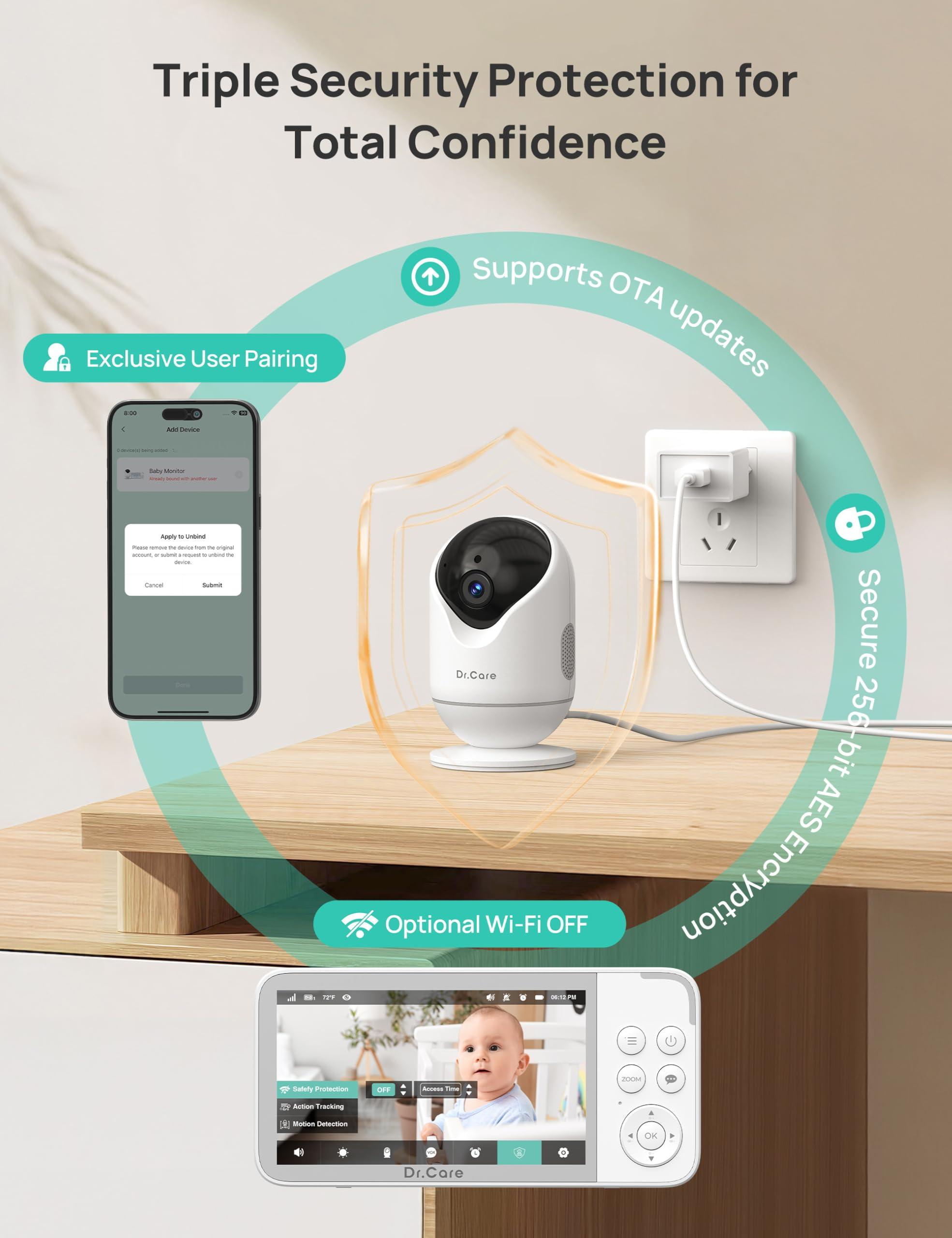 Dr.Care VistaView Smart WiFi Baby Monitor - 5” 1080P Split Screen & 2K Camera App Control, Cry & Motion Alerts, HD Night Vision, 5000mAh Battery, 2-Way Talk, Multi-User, Triple Security, 1279ft Range - Image 8