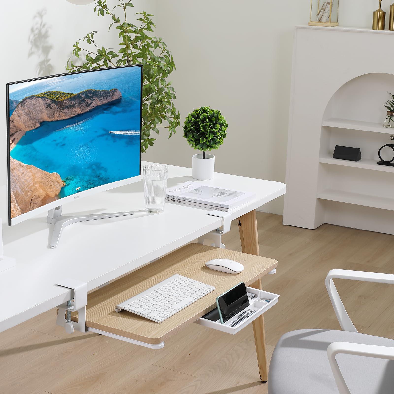 ETHU Keyboard Tray Under Desk, 26.77" X 11.81" Large Size Keyboard Tray with C Clamp-on Mount Easy to Install, Computer Keyboard Stand, Ergonomic Keyboard Tray for Home and Office (Oak) - Image 2