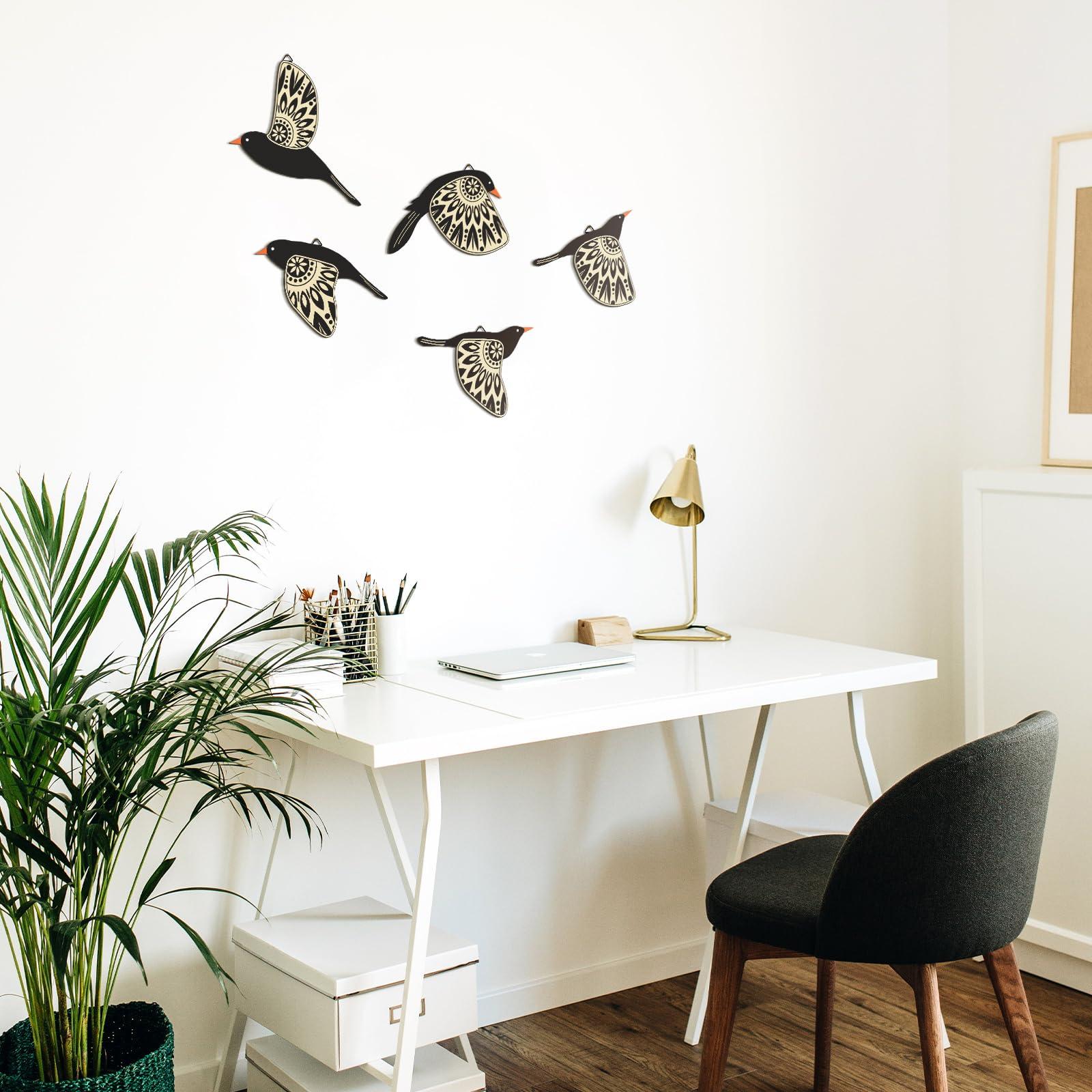 Barydat 5 Pcs Wooden Bird Wall Art Wood Flying Birds Wall Decor Rustic Folk Art Scandinavian Home Decor for Gift Living Room Bedroom Kitchen Office(Black) - Image 4
